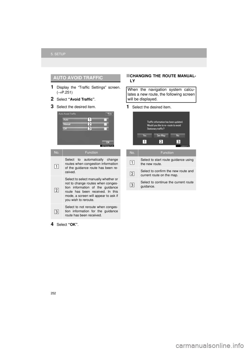 TOYOTA 4RUNNER 2018 Accessories, Audio & Navigation (in English) 252
5. SETUP
4RUNNER_Navi_U
1Display the “Traffic Settings” screen.
(→P.251)
2Select “Avoid Traffic” .
3Select the desired item.
4Select “OK”.
■CHANGING THE ROUTE MANUAL-
LY
1Select th TOYOTA 4RUNNER 2018 Accessories, Audio & Navigation (in English) 252
5. SETUP
4RUNNER_Navi_U
1Display the “Traffic Settings” screen.
(→P.251)
2Select “Avoid Traffic” .
3Select the desired item.
4Select “OK”.
■CHANGING THE ROUTE MANUAL-
LY
1Select th
