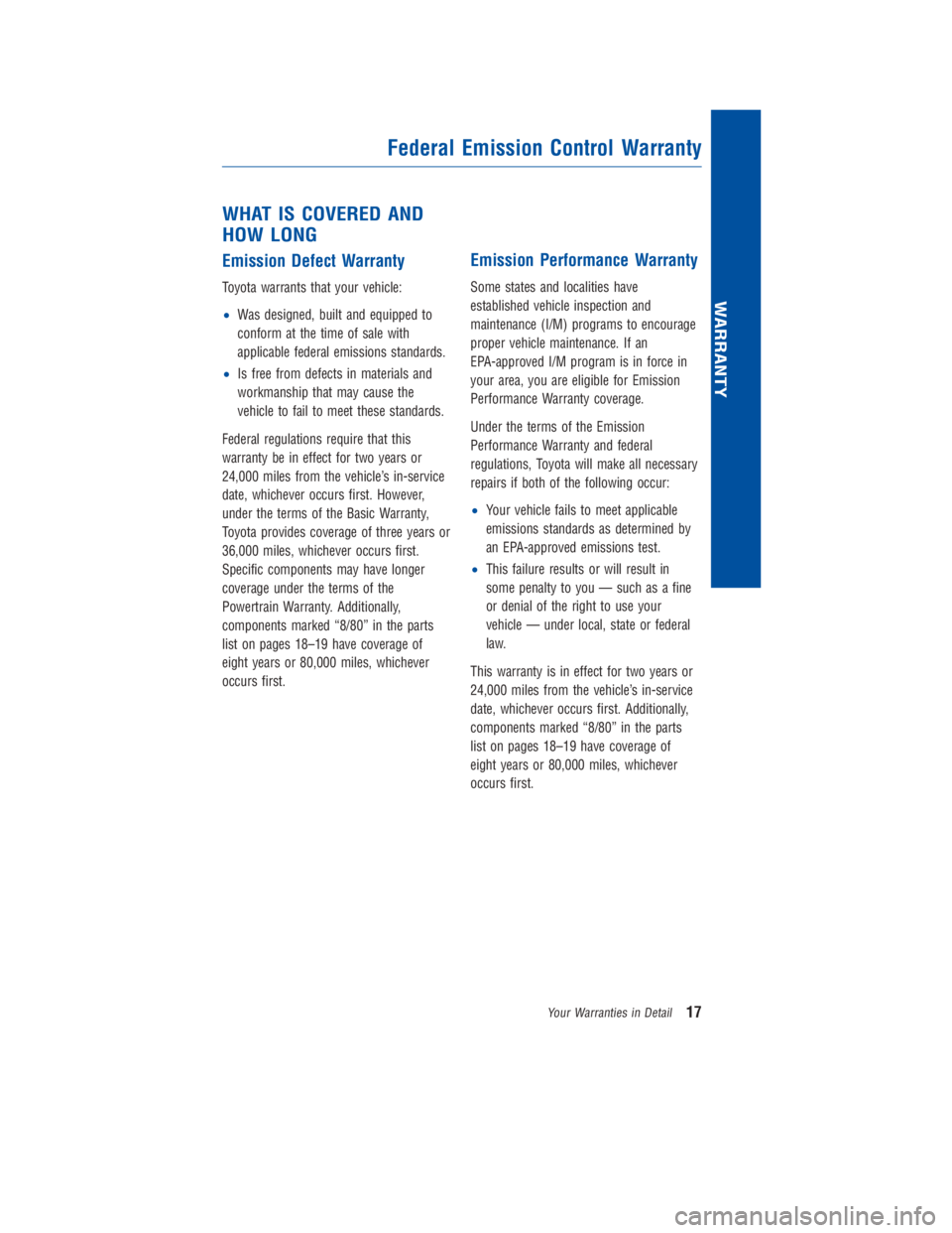 TOYOTA 4RUNNER 2018 Warranties & Maintenance Guides (in English) JOBNAME: 2878012-en-2018_4Run PAGE: 17 SESS: 4 OUTPUT: Fri Jul 7 10:35:59 2017
/InfoShareAuthorCODA/InfoShareAuthorCODA/TS_Warr_Maint/2878012-en-2018_4Runner.00505-18WMG-4RUN/TS_Warr_Maint_v1
WHAT IS TOYOTA 4RUNNER 2018 Warranties & Maintenance Guides (in English) JOBNAME: 2878012-en-2018_4Run PAGE: 17 SESS: 4 OUTPUT: Fri Jul 7 10:35:59 2017
/InfoShareAuthorCODA/InfoShareAuthorCODA/TS_Warr_Maint/2878012-en-2018_4Runner.00505-18WMG-4RUN/TS_Warr_Maint_v1
WHAT IS