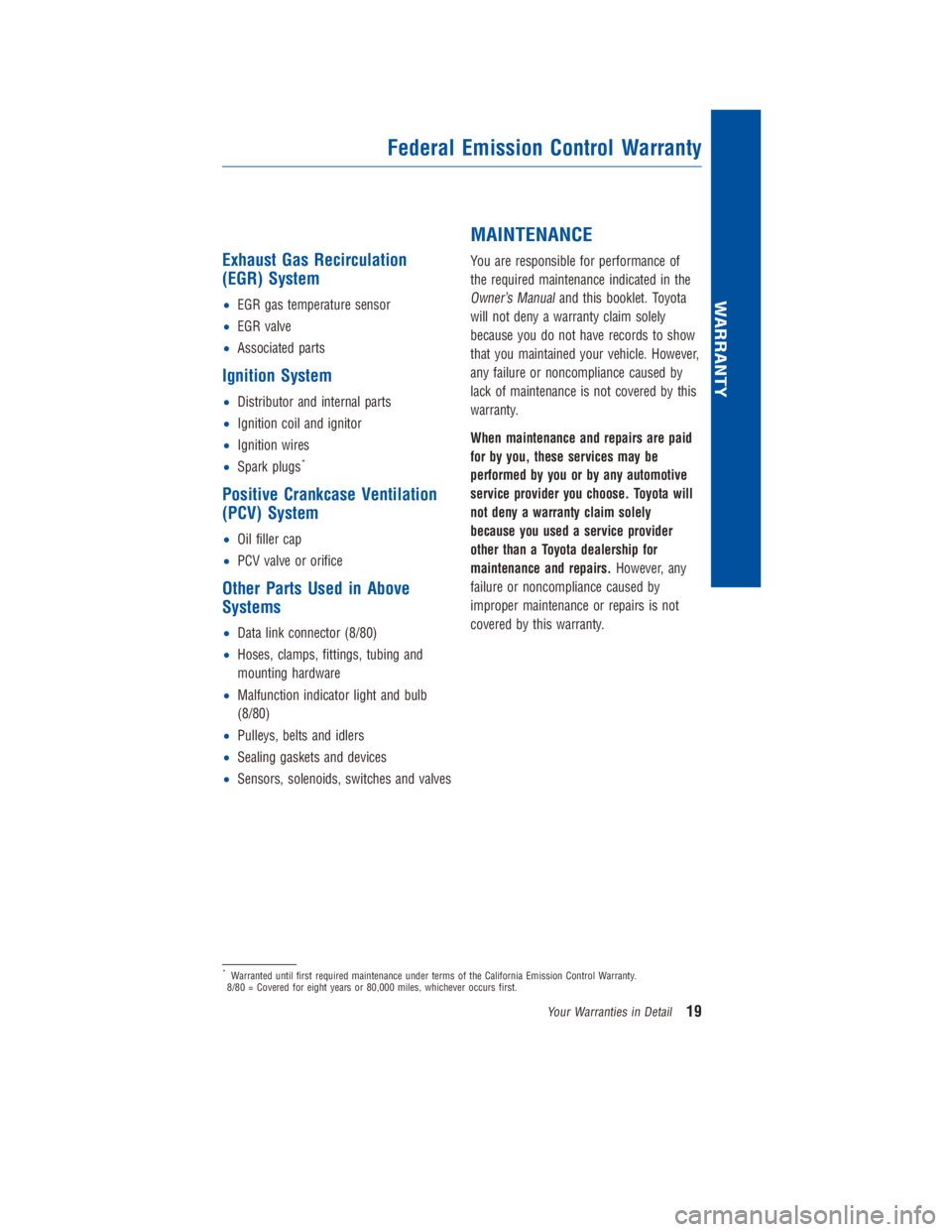 TOYOTA 4RUNNER 2018  Warranties & Maintenance Guides (in English) JOBNAME: 2878012-en-2018_4Run PAGE: 19 SESS: 4 OUTPUT: Fri Jul 7 10:35:59 2017
/InfoShareAuthorCODA/InfoShareAuthorCODA/TS_Warr_Maint/2878012-en-2018_4Runner.00505-18WMG-4RUN/TS_Warr_Maint_v1
Exhaust 