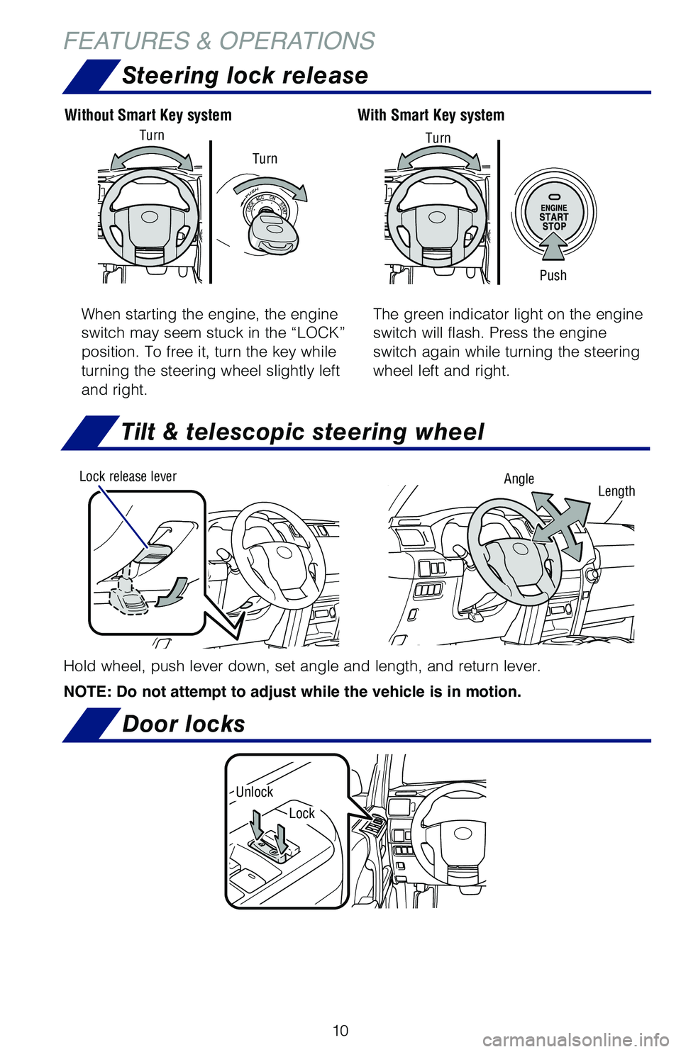 TOYOTA 4RUNNER 2019 (in English) User Guide 10
Hold wheel, push lever down, set angle and length, and return lever.
NOTE: Do not attempt to adjust while the vehicle is in motion.
AngleLock release leverLength
Door locks
Steering lock release TOYOTA 4RUNNER 2019 (in English) User Guide 10
Hold wheel, push lever down, set angle and length, and return lever.
NOTE: Do not attempt to adjust while the vehicle is in motion.
AngleLock release leverLength
Door locks
Steering lock release