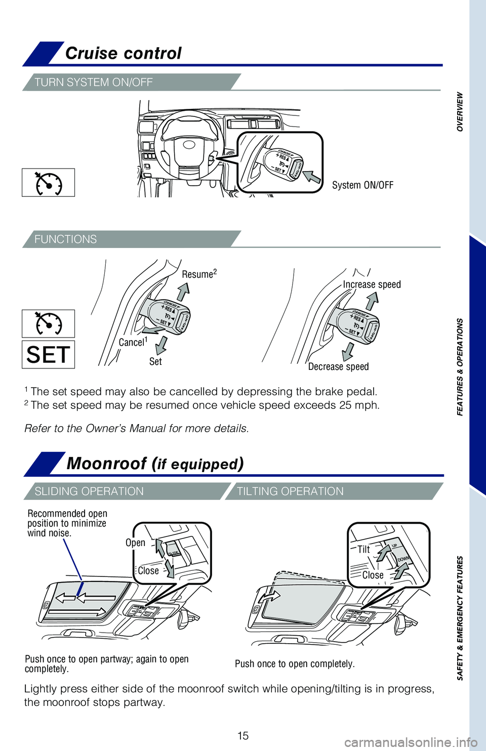 TOYOTA 4RUNNER 2019 (in English) User Guide 15
OVERVIEW
FEATURES
& OPERATIONS
SAFETY
& EMERGENCY
FEATURES
Refer to the Owner’s Manual for more details.
Cruise control
SLIDING OPERATIONTILTING OPERATION
Push once to open partway; again to o TOYOTA 4RUNNER 2019 (in English) User Guide 15
OVERVIEW
FEATURES
& OPERATIONS
SAFETY
& EMERGENCY
FEATURES
Refer to the Owner’s Manual for more details.
Cruise control
SLIDING OPERATIONTILTING OPERATION
Push once to open partway; again to o