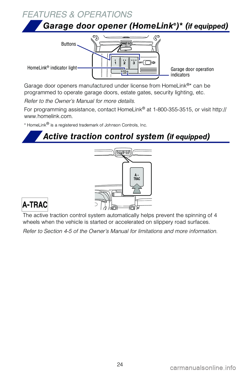 TOYOTA 4RUNNER 2019 (in English) Owners Manual 24
Garage door opener (HomeLink®)* (if equipped)
Active traction control system (if equipped)
Garage door openers manufactured under license from HomeLink®* can be
programmed to operate garage do TOYOTA 4RUNNER 2019 (in English) Owners Manual 24
Garage door opener (HomeLink®)* (if equipped)
Active traction control system (if equipped)
Garage door openers manufactured under license from HomeLink®* can be
programmed to operate garage do