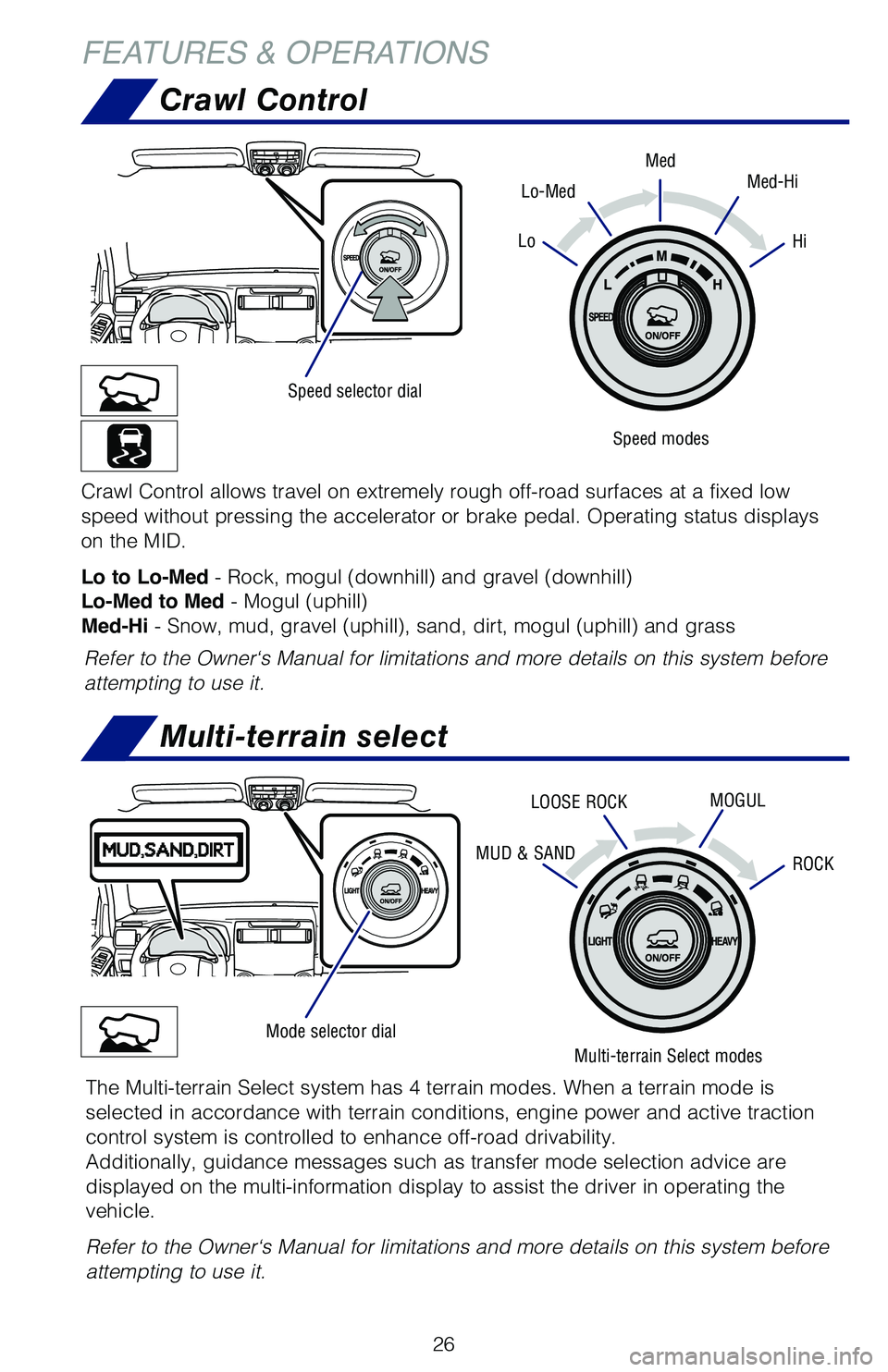 TOYOTA 4RUNNER 2019 (in English) Owners Manual 26
FEATURES & OPERATIONS
Multi-terrain select
Mode selector dial
Multi-terrain Select modes
The Multi-terrain Select system has 4 terrain modes. When a terrain mode is
selected in accordance with te TOYOTA 4RUNNER 2019 (in English) Owners Manual 26
FEATURES & OPERATIONS
Multi-terrain select
Mode selector dial
Multi-terrain Select modes
The Multi-terrain Select system has 4 terrain modes. When a terrain mode is
selected in accordance with te