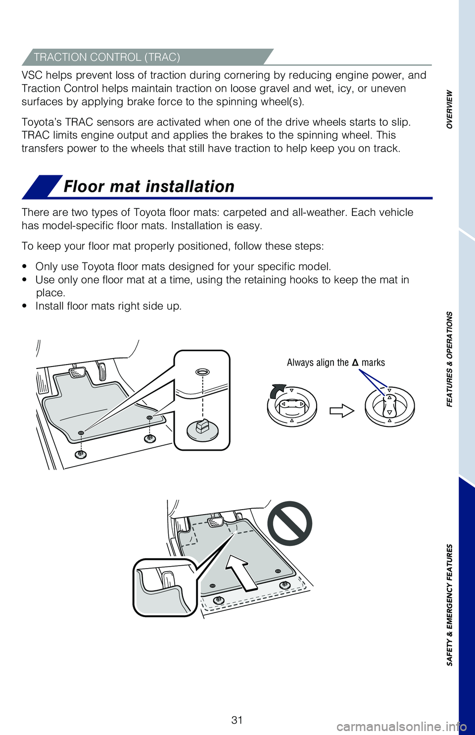 TOYOTA 4RUNNER 2019 (in English) Owners Guide 31
OVERVIEW
FEATURES & OPERATIONS
SAFETY & EMERGENCY FEATURES
Floor mat installation
TRACTION CONTROL (TRAC)
VSC helps prevent loss of traction during cornering by reducing engine power, and
Tractio TOYOTA 4RUNNER 2019 (in English) Owners Guide 31
OVERVIEW
FEATURES & OPERATIONS
SAFETY & EMERGENCY FEATURES
Floor mat installation
TRACTION CONTROL (TRAC)
VSC helps prevent loss of traction during cornering by reducing engine power, and
Tractio