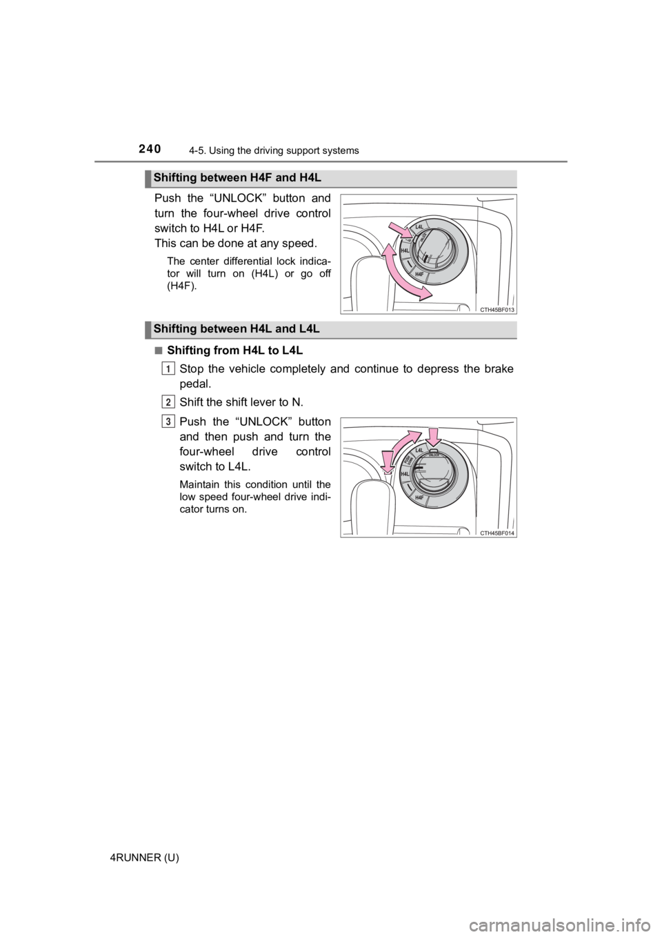 TOYOTA 4RUNNER 2019 Owners Manual (in English) 2404-5. Using the driving support systems
4RUNNER (U)
Push the “UNLOCK” button and
turn the four-wheel drive control
switch to H4L or H4F.
This can be done at any speed.
The center diffe TOYOTA 4RUNNER 2019 Owners Manual (in English) 2404-5. Using the driving support systems
4RUNNER (U)
Push the “UNLOCK” button and
turn the four-wheel drive control
switch to H4L or H4F.
This can be done at any speed.
The center diffe