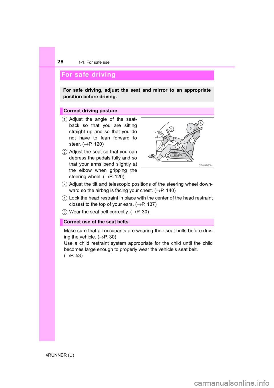 TOYOTA 4RUNNER 2019  Owners Manual (in English) 281-1. For safe use
4RUNNER (U)
Adjust  the  angle  of  the  seat-
back  so  that  you  are  sitting
straight  up  and  so  that  you  do
not  have  to  lean  forward  to
steer. (P.   1 2 0 )
Adjus