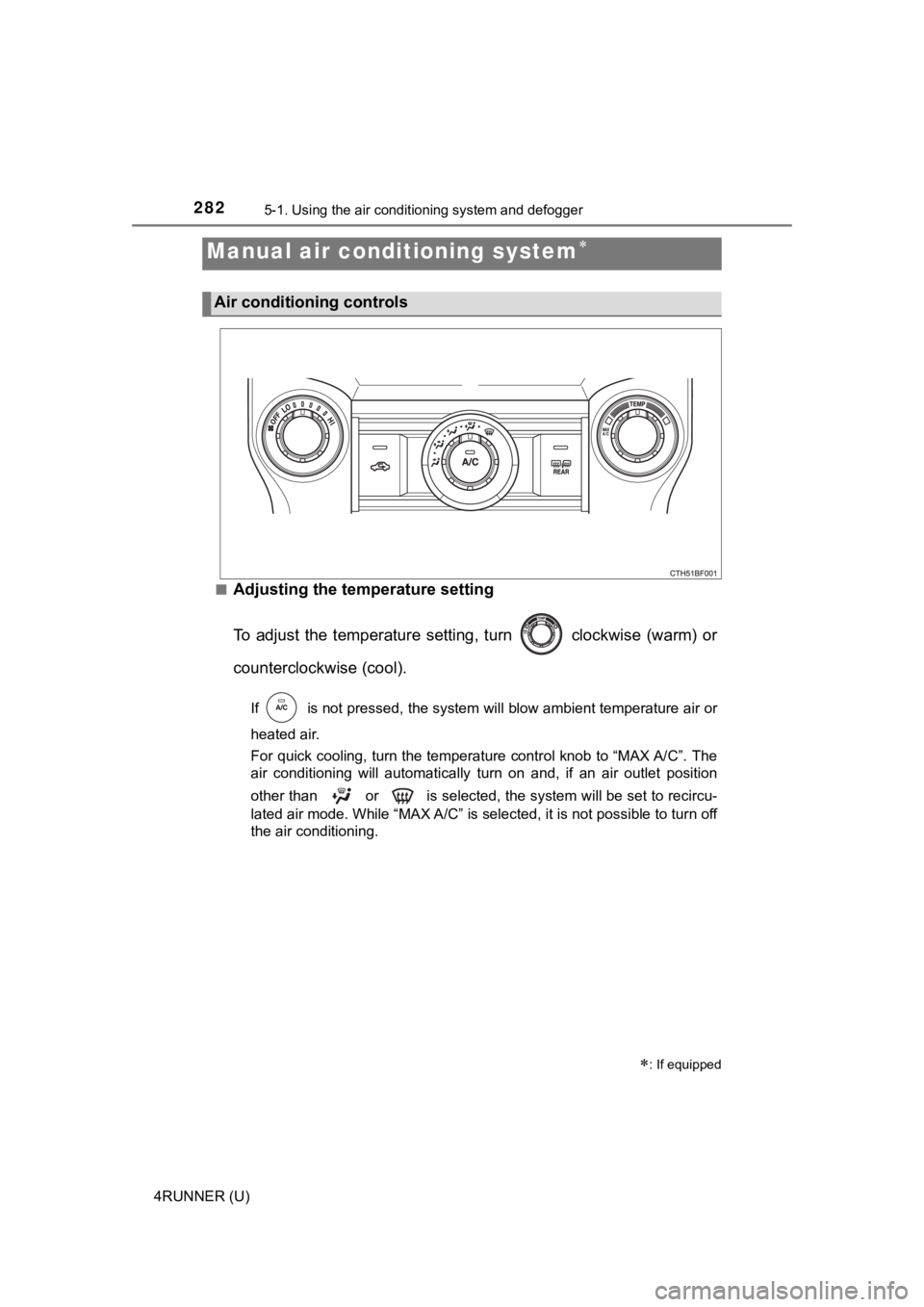 TOYOTA 4RUNNER 2019  Owners Manual (in English) 282
4RUNNER (U)
5-1. Using the air conditioning system and defogger
■Adjusting the temperature setting
To  adjust  the  temperature  setting,  turn    clockwise  (warm)  or
counterclockwise (cool).
