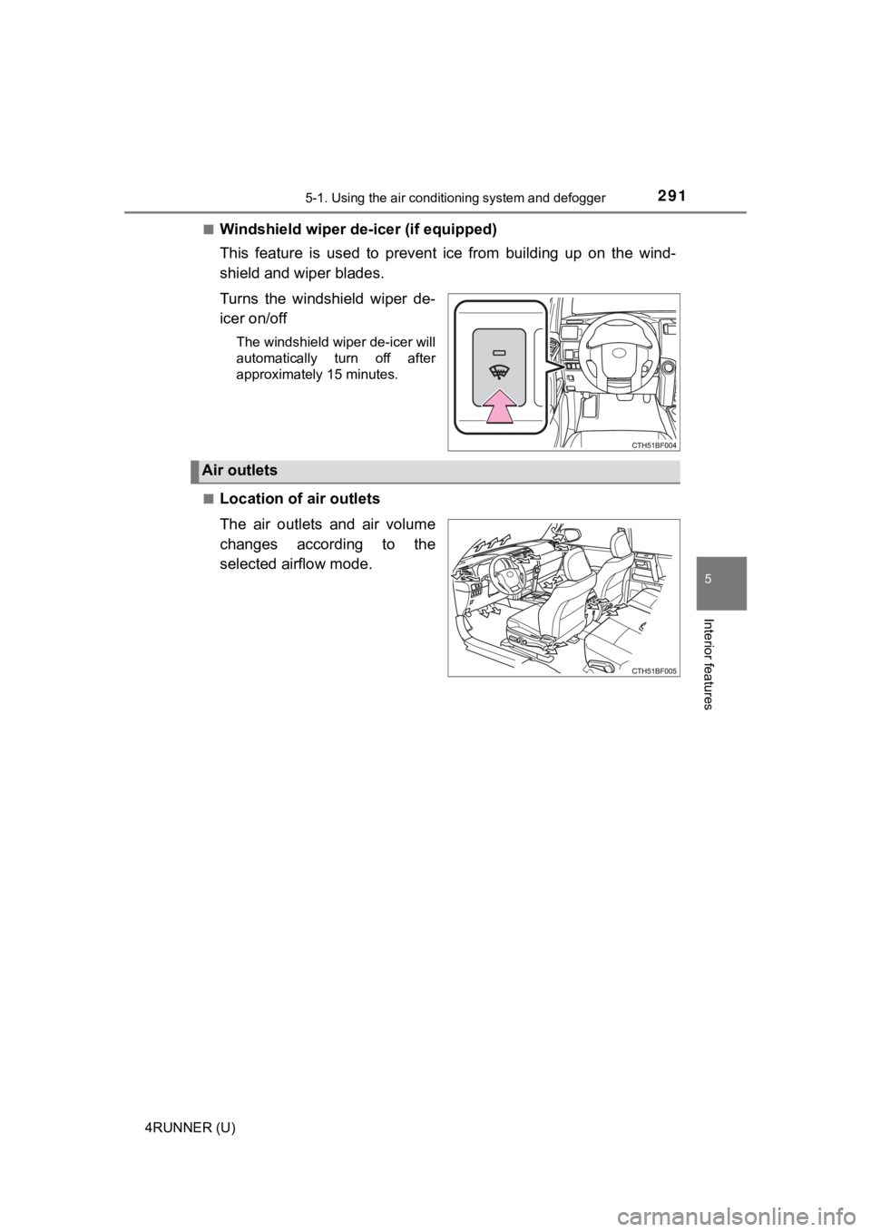 TOYOTA 4RUNNER 2019  Owners Manual (in English) 2915-1. Using the air conditioning system and defogger
5
Interior features
4RUNNER (U)■
Windshield wiper de
-icer (if equipped)
This  feature  is  used  to  prevent  ice  from  building  up  on  the