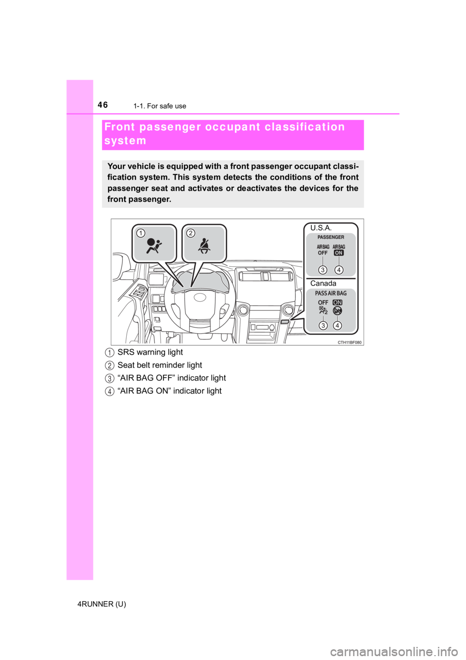 TOYOTA 4RUNNER 2019 (in English) Service Manual 461-1. For safe use
4RUNNER (U)
Front passenger occupant classification
system
Your vehicle is equipped with a front passenger occupant classi -
fication system. This system det ects the condit TOYOTA 4RUNNER 2019 (in English) Service Manual 461-1. For safe use
4RUNNER (U)
Front passenger occupant classification
system
Your vehicle is equipped with a front passenger occupant classi -
fication system. This system det ects the condit