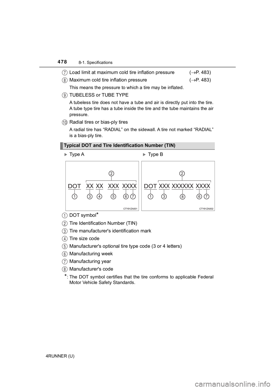 TOYOTA 4RUNNER 2019   (in English) User Guide 4788-1. Specifications
4RUNNER (U)
Load limit at maximum cold tire inflation pressure  (P. 483)
Maximum cold tire in flation pressure  ( P. 483)
This means the press ure to which a tire may be i