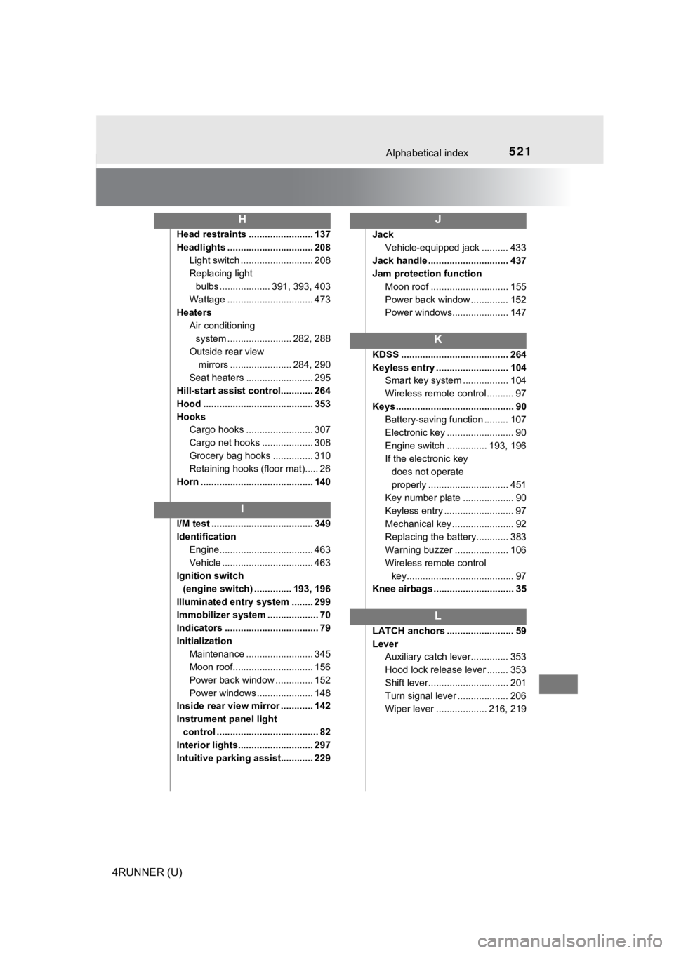 TOYOTA 4RUNNER 2019  Owners Manual (in English) 521Alphabetical index
4RUNNER (U)
Head restraints ........................ 137
Headlights ................................ 208Light switch ........................... 208
Replacing light bulbs .......