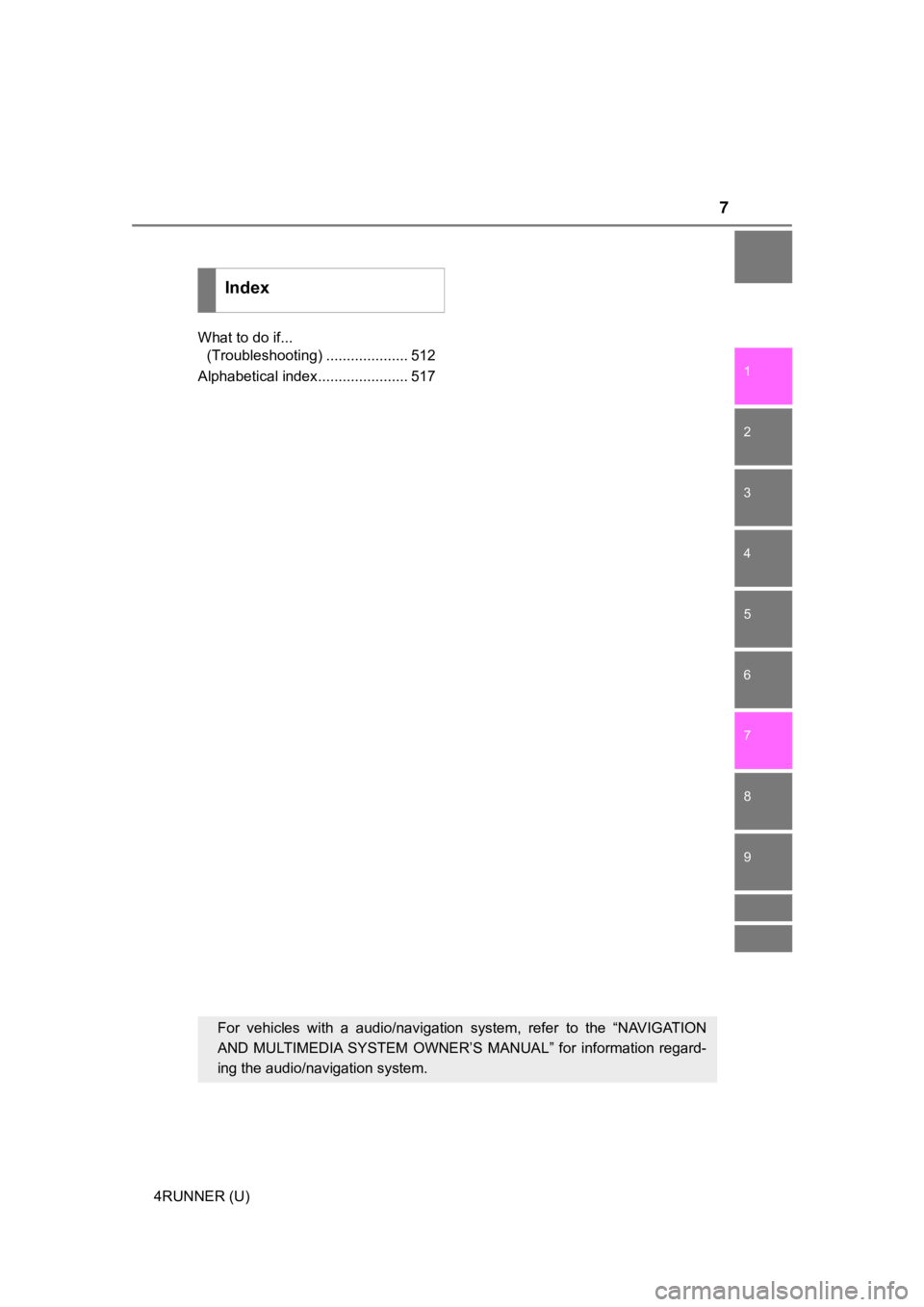 TOYOTA 4RUNNER 2019 Owners Manual (in English) 7
1
8 7
6
5
4
3
2
9
4RUNNER (U)What to do if...
(Troubleshooting) .................... 512
Alphabetical index...................... 517
Index
For vehicles with a audio/navigation system, refer TOYOTA 4RUNNER 2019 Owners Manual (in English) 7
1
8 7
6
5
4
3
2
9
4RUNNER (U)What to do if...
(Troubleshooting) .................... 512
Alphabetical index...................... 517
Index
For vehicles with a audio/navigation system, refer