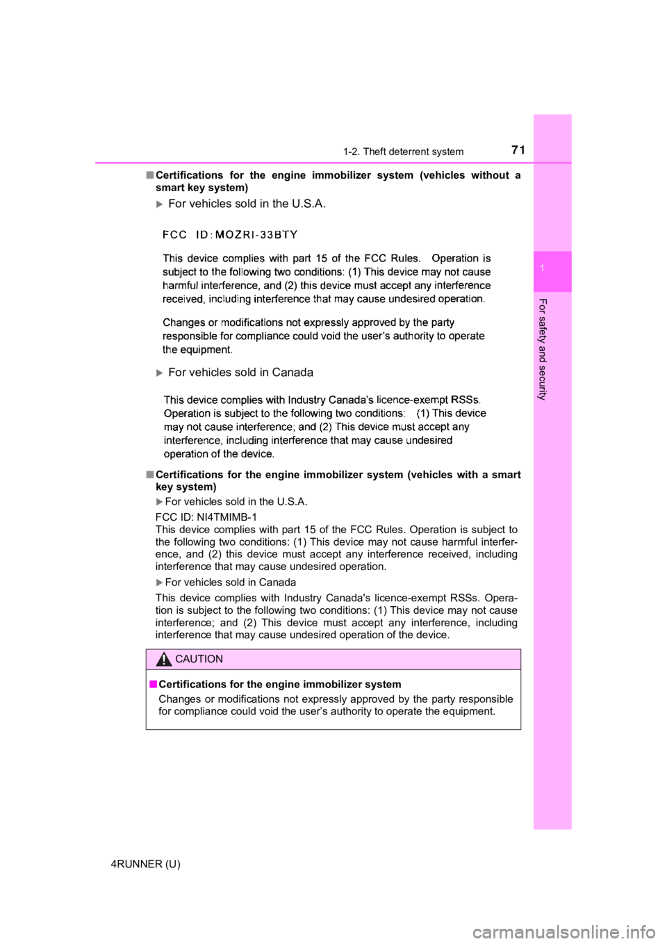 TOYOTA 4RUNNER 2019 (in English) Manual PDF 711-2. Theft deterrent system
1
For safety and security
4RUNNER (U)■
Certifications for the engine immobilizer system (vehicles with out a
smart key system)
For vehicles sold in the U.S.A TOYOTA 4RUNNER 2019 (in English) Manual PDF 711-2. Theft deterrent system
1
For safety and security
4RUNNER (U)■
Certifications for the engine immobilizer system (vehicles with out a
smart key system)
For vehicles sold in the U.S.A