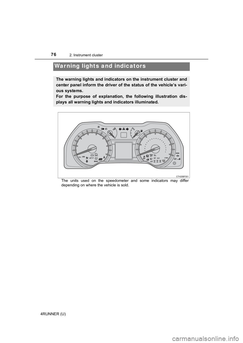 TOYOTA 4RUNNER 2019 (in English) Manual PDF 76
4RUNNER (U)
2. Instrument cluster
The units used on the speedometer and some indicators may differ
depending on where the vehicle is sold.
Warning lights and indicators
The warning lights TOYOTA 4RUNNER 2019 (in English) Manual PDF 76
4RUNNER (U)
2. Instrument cluster
The units used on the speedometer and some indicators may differ
depending on where the vehicle is sold.
Warning lights and indicators
The warning lights
