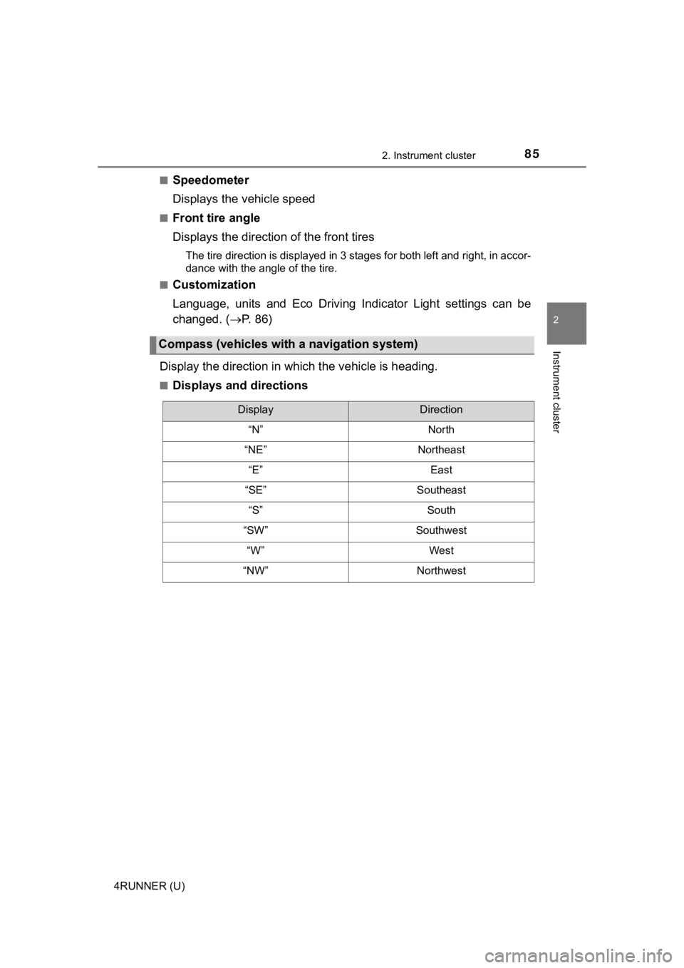 TOYOTA 4RUNNER 2019 Owners Manual (in English) 852. Instrument cluster
2
Instrument cluster
4RUNNER (U)■
Speedometer
Displays the vehicle speed
■Front tire angle
Displays the direction of the front tires
The tire direction is displayed in 3 st TOYOTA 4RUNNER 2019 Owners Manual (in English) 852. Instrument cluster
2
Instrument cluster
4RUNNER (U)■
Speedometer
Displays the vehicle speed
■Front tire angle
Displays the direction of the front tires
The tire direction is displayed in 3 st