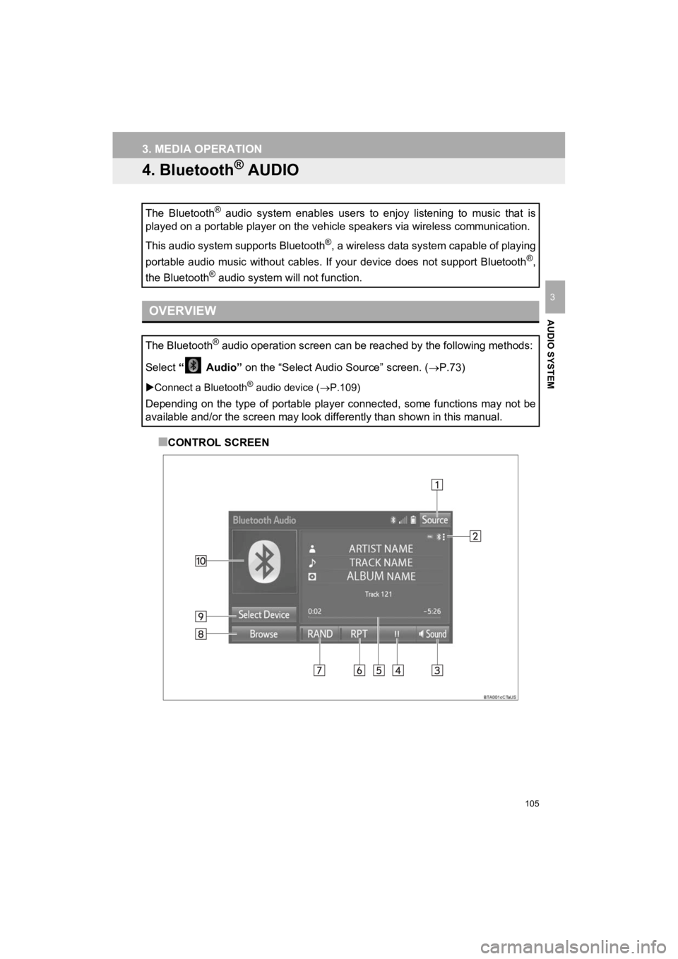 TOYOTA 4RUNNER 2019 Accessories, Audio & Navigation (in English) 105
3. MEDIA OPERATION
4RUNNER_Navi_U
AUDIO SYSTEM
3
4. Bluetooth® AUDIO
■CONTROL SCREEN
The Bluetooth
® audio system enables users to enjoy listening to music that is
played on a port TOYOTA 4RUNNER 2019 Accessories, Audio & Navigation (in English) 105
3. MEDIA OPERATION
4RUNNER_Navi_U
AUDIO SYSTEM
3
4. Bluetooth® AUDIO
■CONTROL SCREEN
The Bluetooth
® audio system enables users to enjoy listening to music that is
played on a port