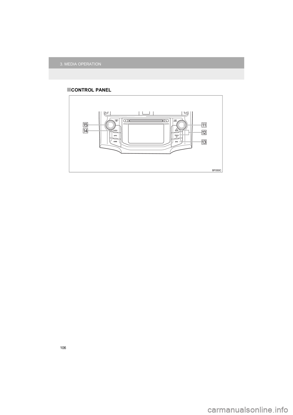 TOYOTA 4RUNNER 2019 Accessories, Audio & Navigation (in English) 106
3. MEDIA OPERATION
4RUNNER_Navi_U
■CONTROL PANEL TOYOTA 4RUNNER 2019 Accessories, Audio & Navigation (in English) 106
3. MEDIA OPERATION
4RUNNER_Navi_U
■CONTROL PANEL