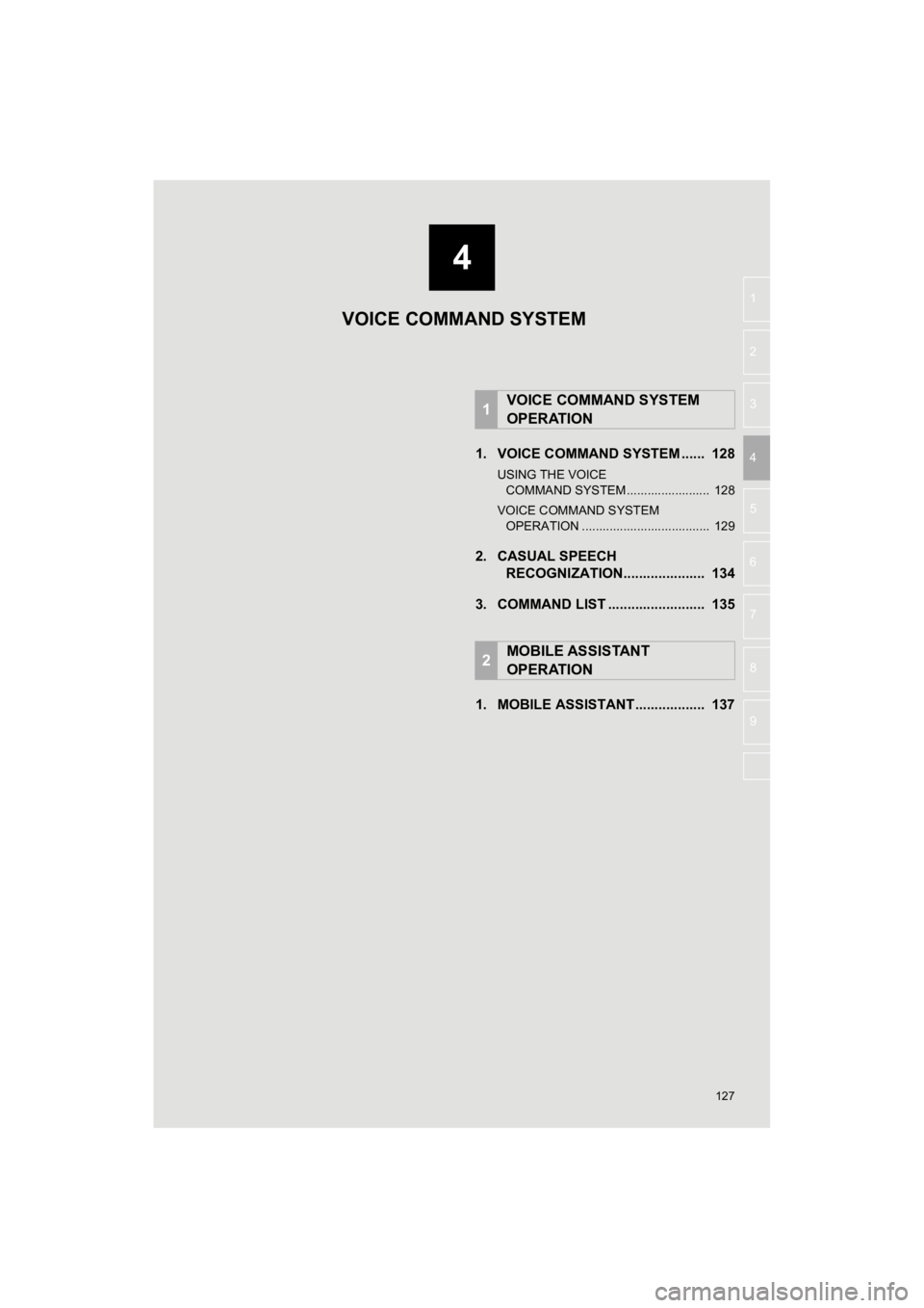 TOYOTA 4RUNNER 2019 Accessories, Audio & Navigation (in English) 4
127
4RUNNER_Navi_U
5
6
7
8
9
1
2
3
41. VOICE COMMAND SYSTEM ...... 128
USING THE VOICE COMMAND SYSTEM ........................ 128
VOICE COMMAND SYSTEM OPERATION ................................. TOYOTA 4RUNNER 2019 Accessories, Audio & Navigation (in English) 4
127
4RUNNER_Navi_U
5
6
7
8
9
1
2
3
41. VOICE COMMAND SYSTEM ...... 128
USING THE VOICE COMMAND SYSTEM ........................ 128
VOICE COMMAND SYSTEM OPERATION .................................