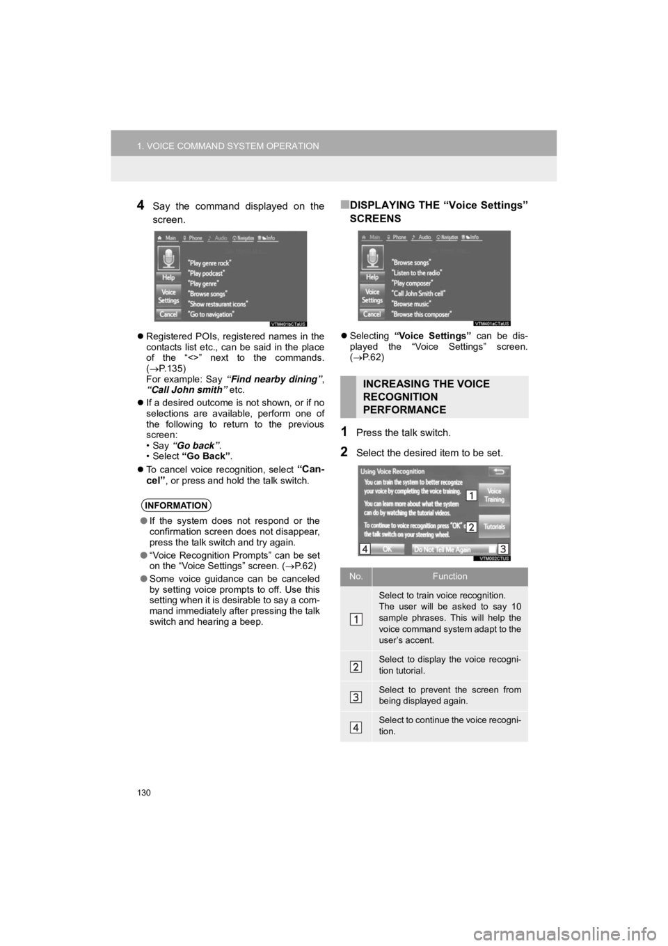 TOYOTA 4RUNNER 2019 Accessories, Audio & Navigation (in English) 130
1. VOICE COMMAND SYSTEM OPERATION
4RUNNER_Navi_U
4Say the command displayed on the
screen.
Registered POIs, registered names in the
contacts list etc., can be said in the plac TOYOTA 4RUNNER 2019 Accessories, Audio & Navigation (in English) 130
1. VOICE COMMAND SYSTEM OPERATION
4RUNNER_Navi_U
4Say the command displayed on the
screen.
Registered POIs, registered names in the
contacts list etc., can be said in the plac