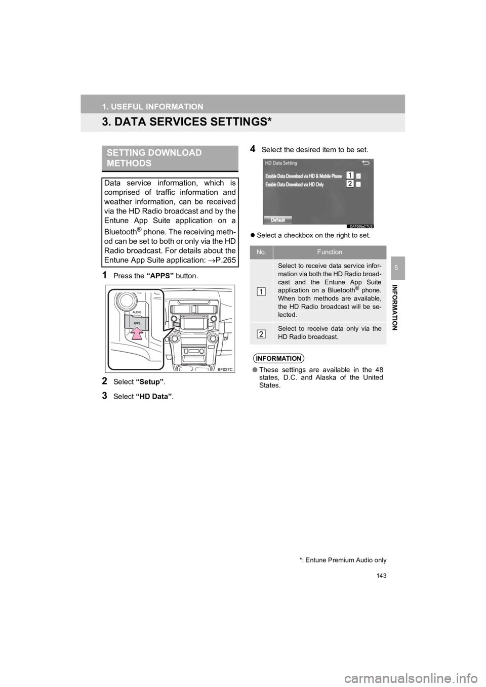 TOYOTA 4RUNNER 2019  Accessories, Audio & Navigation (in English) 143
1. USEFUL INFORMATION
4RUNNER_Navi_U
INFORMATION
5
3. DATA SERVICES SETTINGS*
1Press the “APPS” button.
2Select “Setup” .
3Select “HD Data”.
4Select the desired item to be set.
Sele