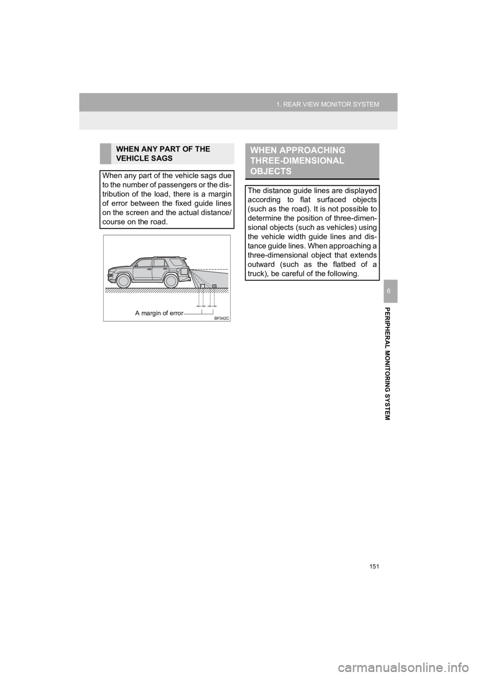TOYOTA 4RUNNER 2019 Accessories, Audio & Navigation (in English) 151
1. REAR VIEW MONITOR SYSTEM
PERIPHERAL MONITORING SYSTEM
4RUNNER_Navi_U
6
WHEN ANY PART OF THE
VEHICLE SAGS
When any part of the vehicle sags due
to the number of passengers or the dis-
tribution TOYOTA 4RUNNER 2019 Accessories, Audio & Navigation (in English) 151
1. REAR VIEW MONITOR SYSTEM
PERIPHERAL MONITORING SYSTEM
4RUNNER_Navi_U
6
WHEN ANY PART OF THE
VEHICLE SAGS
When any part of the vehicle sags due
to the number of passengers or the dis-
tribution