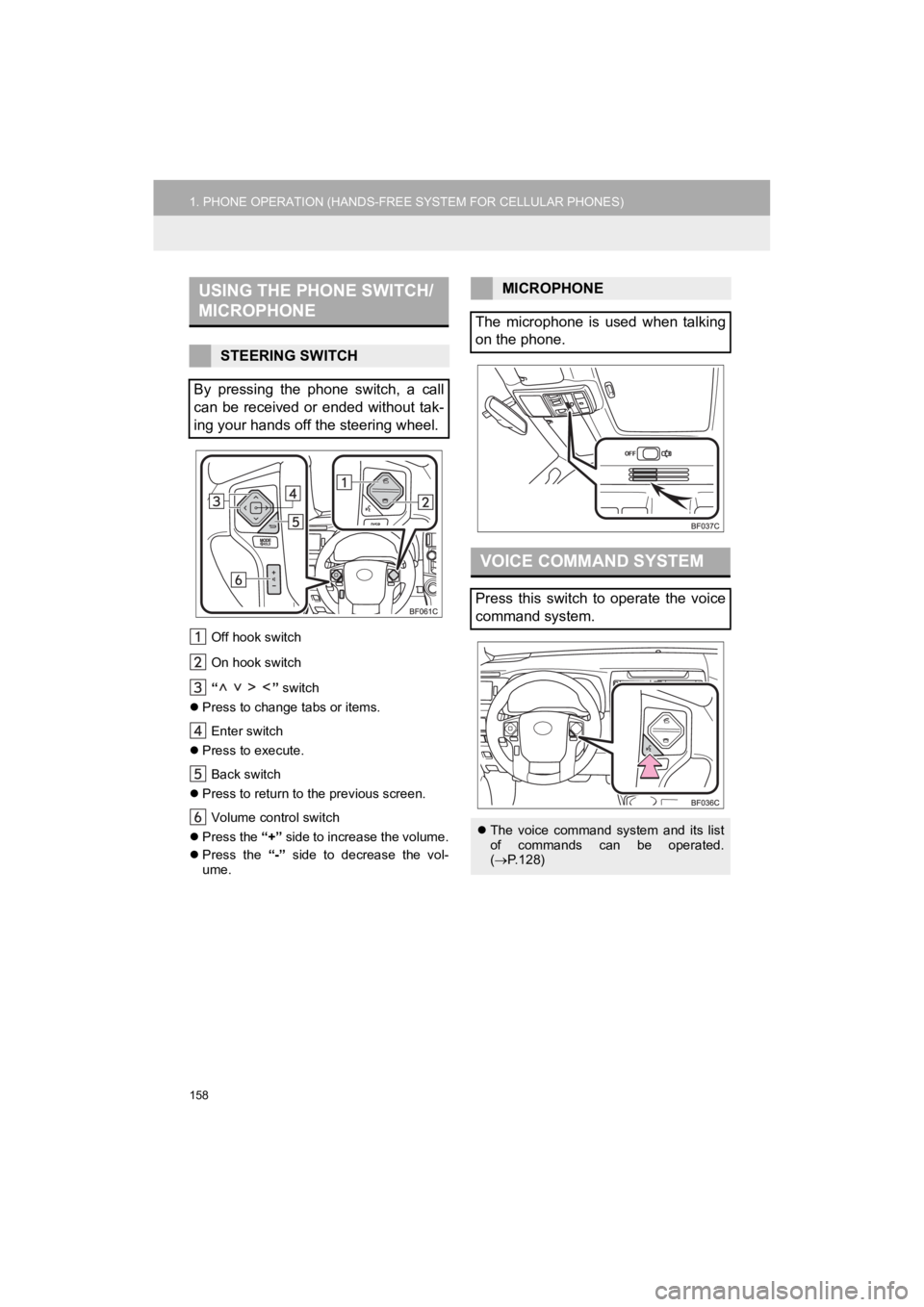 TOYOTA 4RUNNER 2019 Accessories, Audio & Navigation (in English) 158
1. PHONE OPERATION (HANDS-FREE SYSTEM FOR CELLULAR PHONES)
4RUNNER_Navi_U
Off hook switch
On hook switch
“ ” switch
Press to change tabs or items.
Enter switch
Press to execute.
Back TOYOTA 4RUNNER 2019 Accessories, Audio & Navigation (in English) 158
1. PHONE OPERATION (HANDS-FREE SYSTEM FOR CELLULAR PHONES)
4RUNNER_Navi_U
Off hook switch
On hook switch
“ ” switch
Press to change tabs or items.
Enter switch
Press to execute.
Back