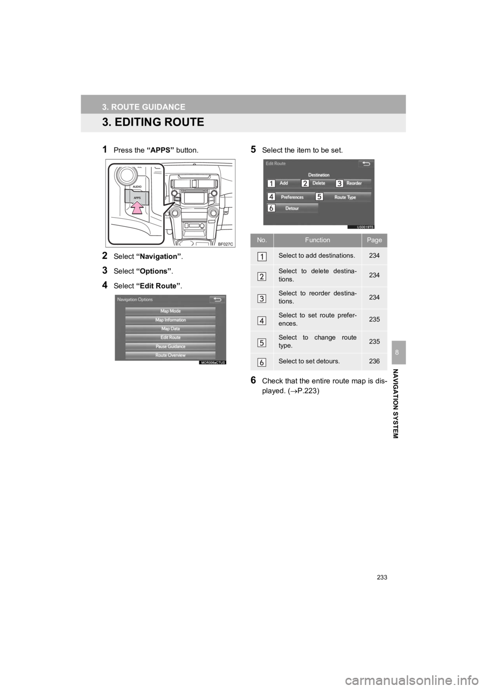 TOYOTA 4RUNNER 2019 Accessories, Audio & Navigation (in English) 233
4RUNNER_Navi_U
3. ROUTE GUIDANCE
NAVIGATION SYSTEM
8
3. EDITING ROUTE
1Press the “APPS” button.
2Select “Navigation” .
3Select “Options”.
4Select “Edit Route” .
5Select the item to TOYOTA 4RUNNER 2019 Accessories, Audio & Navigation (in English) 233
4RUNNER_Navi_U
3. ROUTE GUIDANCE
NAVIGATION SYSTEM
8
3. EDITING ROUTE
1Press the “APPS” button.
2Select “Navigation” .
3Select “Options”.
4Select “Edit Route” .
5Select the item to