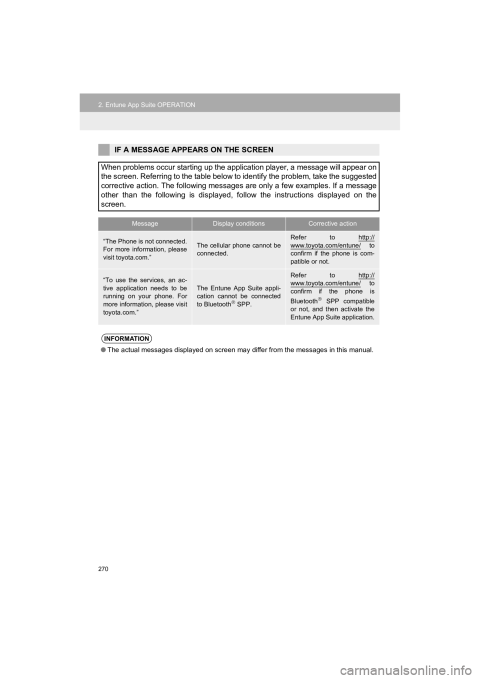 TOYOTA 4RUNNER 2019 Accessories, Audio & Navigation (in English) 270
2. Entune App Suite OPERATION
4RUNNER_Navi_U
IF A MESSAGE APPEARS ON THE SCREEN
When problems occur starting up the application player, a messa ge will appear on
the screen. Referring to the table TOYOTA 4RUNNER 2019 Accessories, Audio & Navigation (in English) 270
2. Entune App Suite OPERATION
4RUNNER_Navi_U
IF A MESSAGE APPEARS ON THE SCREEN
When problems occur starting up the application player, a messa ge will appear on
the screen. Referring to the table