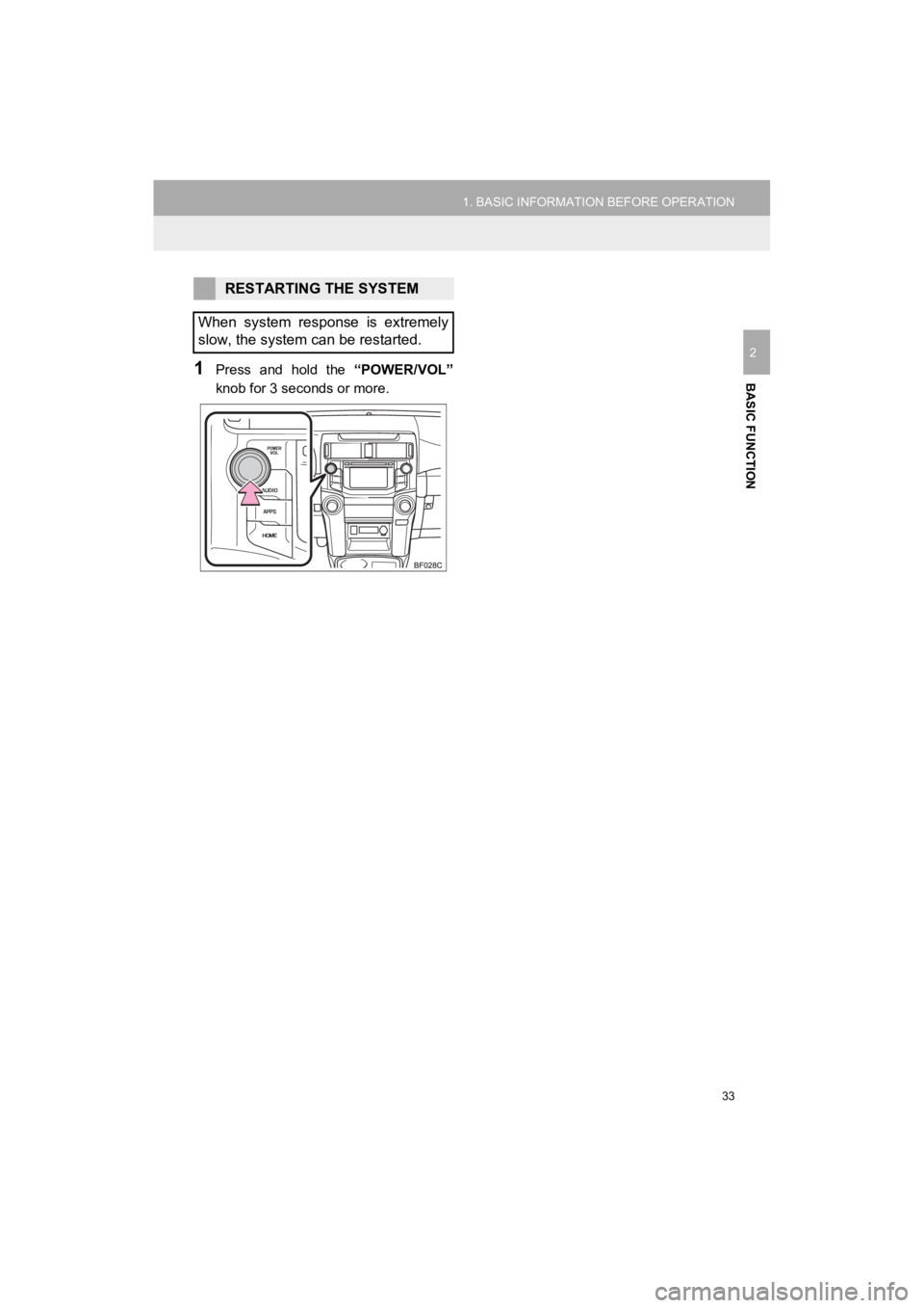 TOYOTA 4RUNNER 2019  Accessories, Audio & Navigation (in English) 33
1. BASIC INFORMATION BEFORE OPERATION
4RUNNER_Navi_U
BASIC FUNCTION
2
1Press  and  hold  the “POWER/VOL”
knob for 3 seconds or more.
RESTARTING THE SYSTEM
When  system  response  is  extremely
