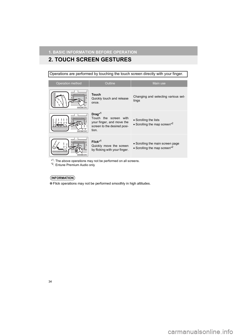 TOYOTA 4RUNNER 2019  Accessories, Audio & Navigation (in English) 34
1. BASIC INFORMATION BEFORE OPERATION
4RUNNER_Navi_U
2. TOUCH SCREEN GESTURES
Operations are performed by touching the touch screen directly with your finger.
Operation methodOutline Main use 
To u