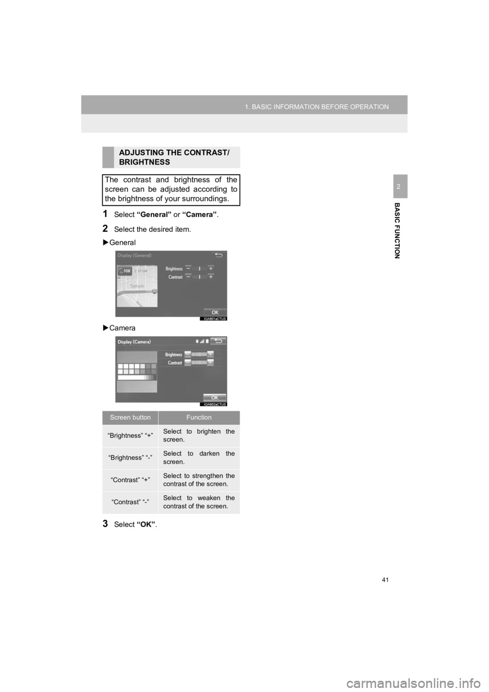 TOYOTA 4RUNNER 2019  Accessories, Audio & Navigation (in English) 41
1. BASIC INFORMATION BEFORE OPERATION
4RUNNER_Navi_U
BASIC FUNCTION
2
1Select “General”  or “Camera” .
2Select the desired item.
 General
 Camera
3Select  “OK”.
ADJUSTING THE CONT