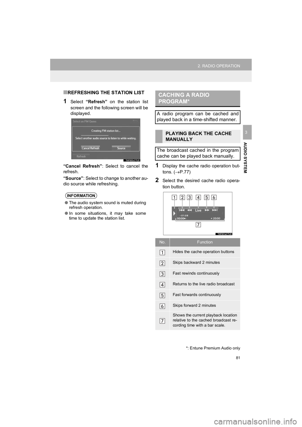 TOYOTA 4RUNNER 2019  Accessories, Audio & Navigation (in English) 81
2. RADIO OPERATION
4RUNNER_Navi_U
AUDIO SYSTEM
3
■REFRESHING THE STATION LIST
1Select “Refresh”   on  the  station  list
screen and the following screen will be
displayed.
“Cancel  Refresh