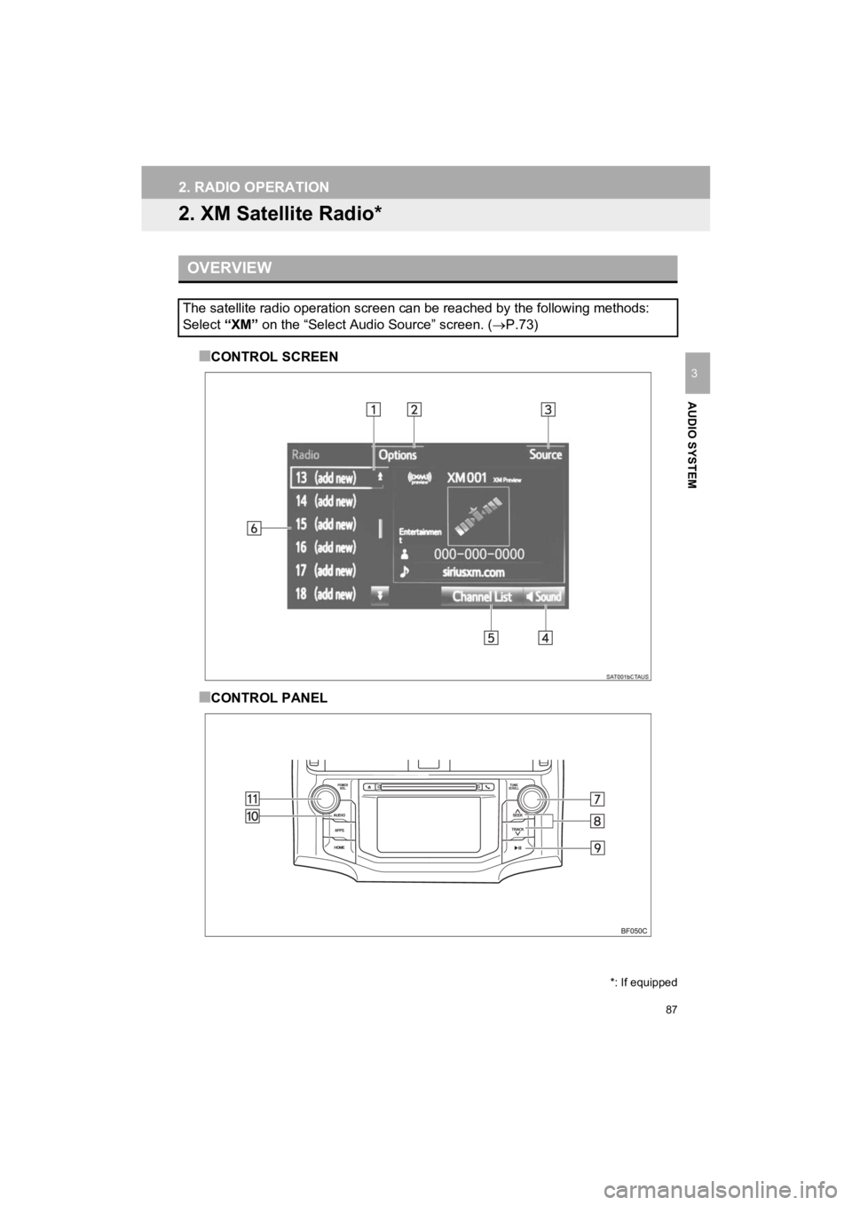 TOYOTA 4RUNNER 2019  Accessories, Audio & Navigation (in English) 87
2. RADIO OPERATION
4RUNNER_Navi_U
AUDIO SYSTEM
3
2. XM Satellite Radio*
■CONTROL SCREEN
■CONTROL PANEL
OVERVIEW
The satellite radio operation screen can be reached by the following methods: 
Se