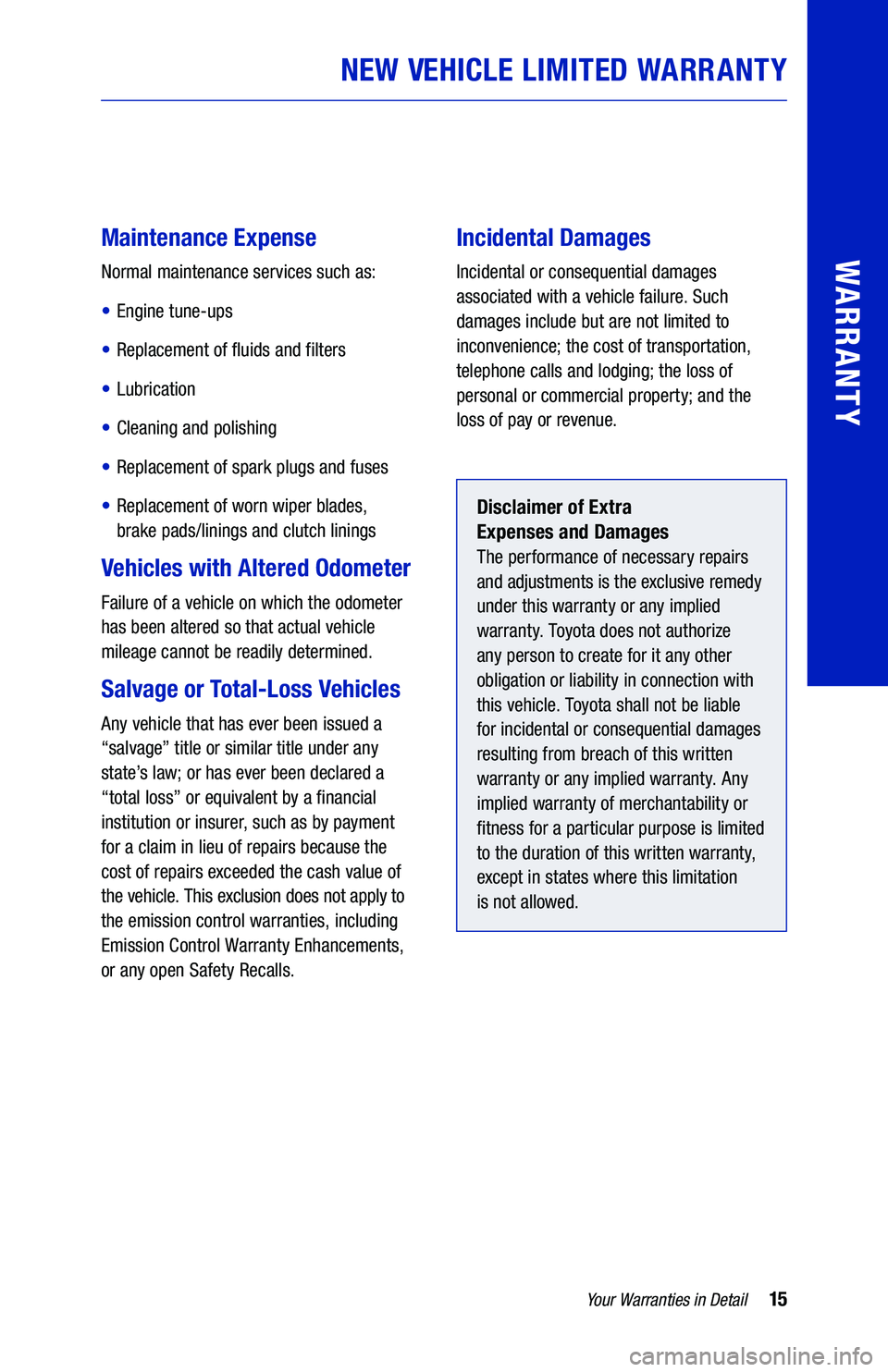 TOYOTA 4RUNNER 2019  Warranties & Maintenance Guides (in English) 15Your Warranties in Detail
WARRANTY
NEW VEHICLE LIMITED WARRANTY
  
 
Maintenance Expense
Normal maintenance services such as:
• Engine tune-ups
• Replacement of fluids and filters
• Lubricatio