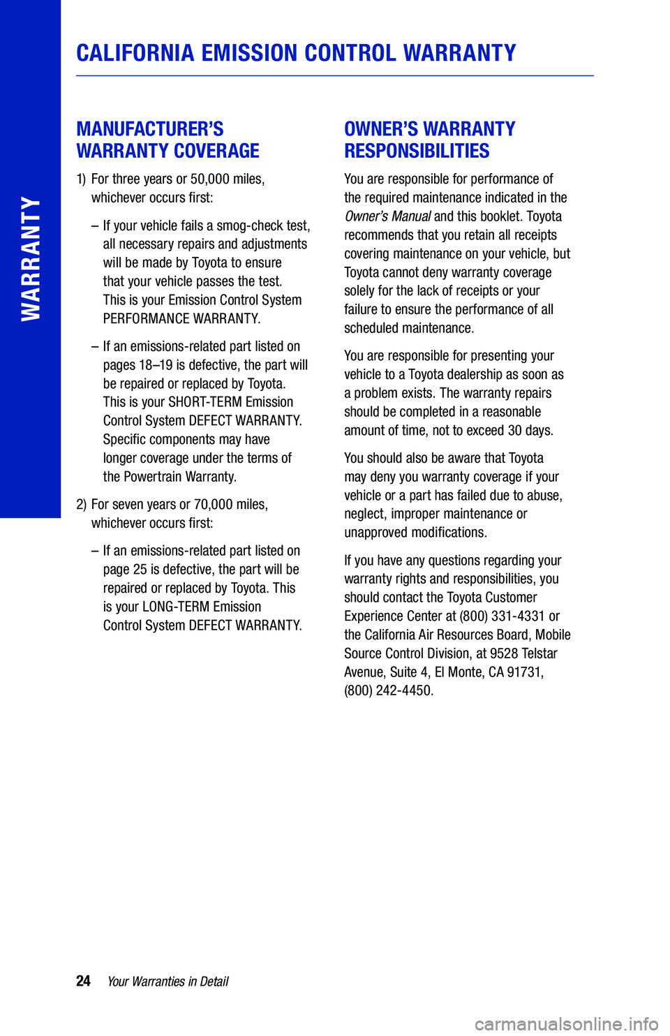 TOYOTA 4RUNNER 2019 Warranties & Maintenance Guides (in English) 24Your Warranties in Detail
WARRANTY
MANUFACTURER’S
WARRANTY COVERAGE
1) For three years or 50,000 miles,
whichever occurs first:
– If your vehicle fails a smog-check test,
all neces TOYOTA 4RUNNER 2019 Warranties & Maintenance Guides (in English) 24Your Warranties in Detail
WARRANTY
MANUFACTURER’S
WARRANTY COVERAGE
1) For three years or 50,000 miles,
whichever occurs first:
– If your vehicle fails a smog-check test,
all neces