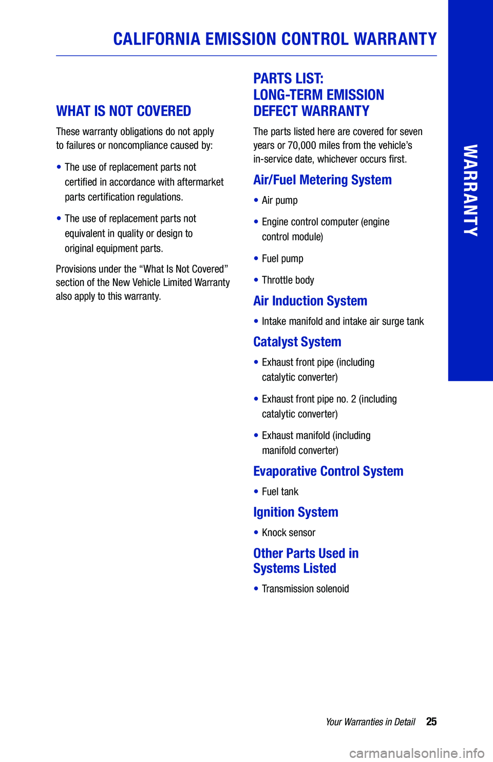 TOYOTA 4RUNNER 2019  Warranties & Maintenance Guides (in English) 25Your Warranties in Detail
WARRANTY
  
 
WHAT IS NOT COVERED 
These warranty obligations do not apply  
to failures or noncompliance caused by:
•   The use of replacement parts not  
certified in a