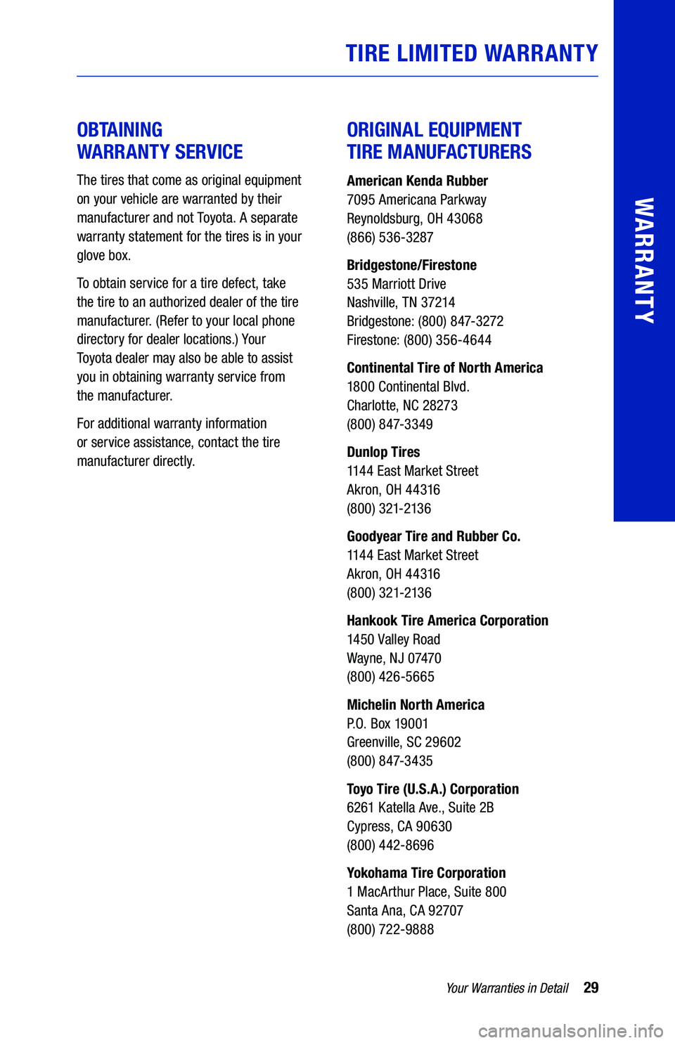 TOYOTA 4RUNNER 2019 Warranties & Maintenance Guides (in English) 29Your Warranties in Detail
WARRANTY
OBTAINING
WARRANTY SERVICE
The tires that come as original equipment
on your vehicle are warranted by their
manufacturer and not Toyota. A separate
warran TOYOTA 4RUNNER 2019 Warranties & Maintenance Guides (in English) 29Your Warranties in Detail
WARRANTY
OBTAINING
WARRANTY SERVICE
The tires that come as original equipment
on your vehicle are warranted by their
manufacturer and not Toyota. A separate
warran