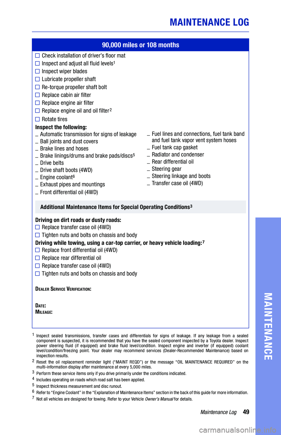 TOYOTA 4RUNNER 2019 Warranties & Maintenance Guides (in English) 49Maintenance Log
MAINTENANCE LOG
MAINTENANCE
90,000 miles or 108 months
Check installation of driver’s floor mat
Inspect and adjust all fluid levels1
Inspect wiper blades
Lubricate propeller shaft TOYOTA 4RUNNER 2019 Warranties & Maintenance Guides (in English) 49Maintenance Log
MAINTENANCE LOG
MAINTENANCE
90,000 miles or 108 months
Check installation of driver’s floor mat
Inspect and adjust all fluid levels1
Inspect wiper blades
Lubricate propeller shaft