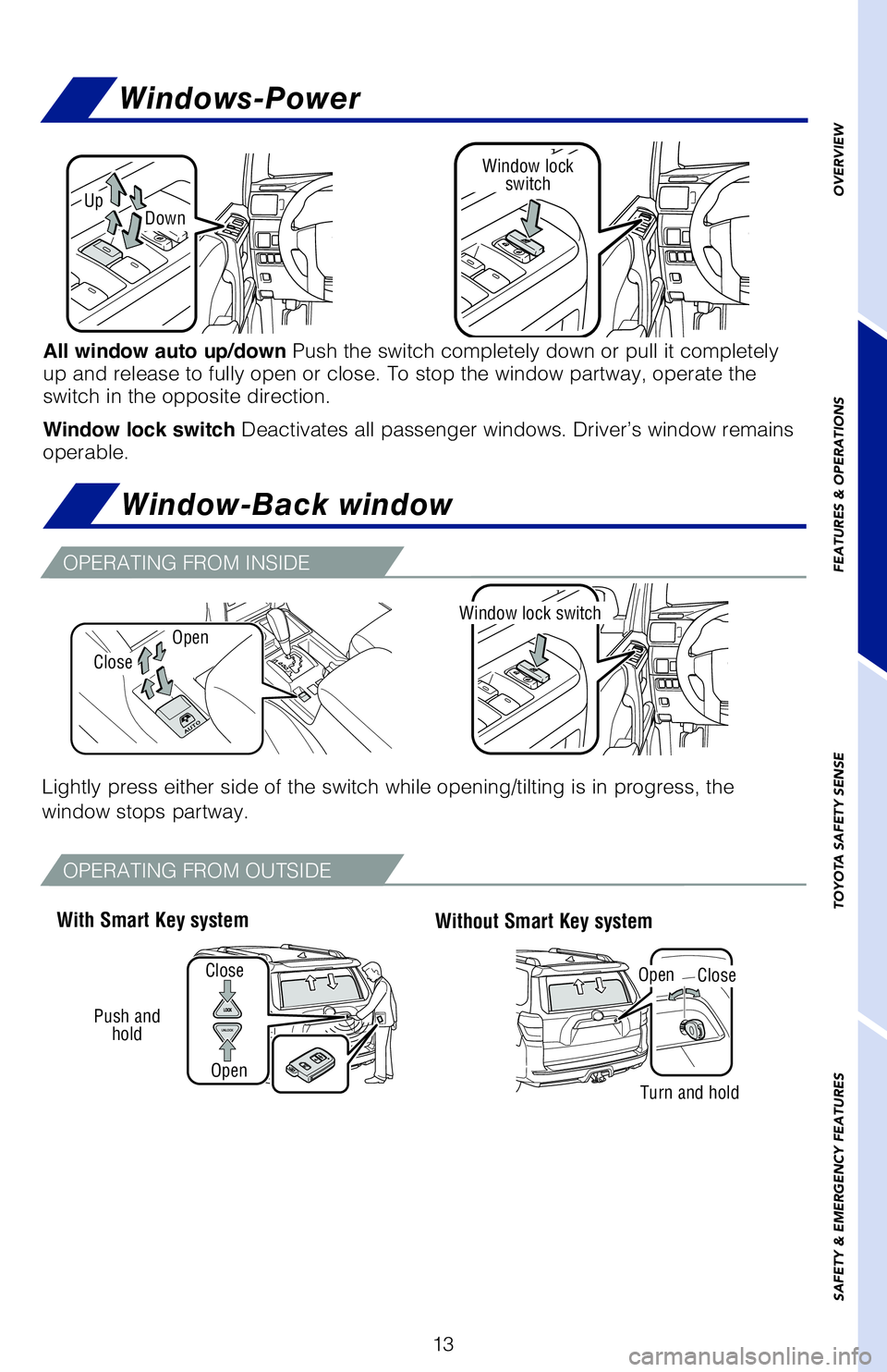 TOYOTA 4RUNNER 2020 (in English) User Guide 13
All window auto up/down Push the switch completely down or pull it completely
up and release to fully open or close. To stop the window partway, operate the
switch in the opposite direction.
Wind TOYOTA 4RUNNER 2020 (in English) User Guide 13
All window auto up/down Push the switch completely down or pull it completely
up and release to fully open or close. To stop the window partway, operate the
switch in the opposite direction.
Wind