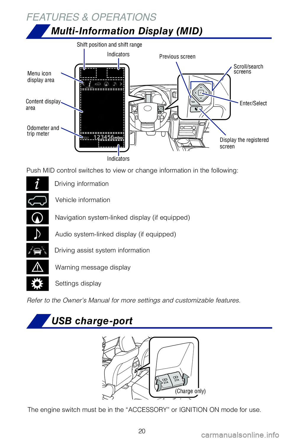 TOYOTA 4RUNNER 2020 Owners Manual (in English) 20
FEATURES & OPERATIONS
Multi-Information Display (MID)
Refer to the Owner’s Manual for more settings and customizable features.
Previous screen
Display the registered
screen
Indicators
Indicators TOYOTA 4RUNNER 2020 Owners Manual (in English) 20
FEATURES & OPERATIONS
Multi-Information Display (MID)
Refer to the Owner’s Manual for more settings and customizable features.
Previous screen
Display the registered
screen
Indicators
Indicators