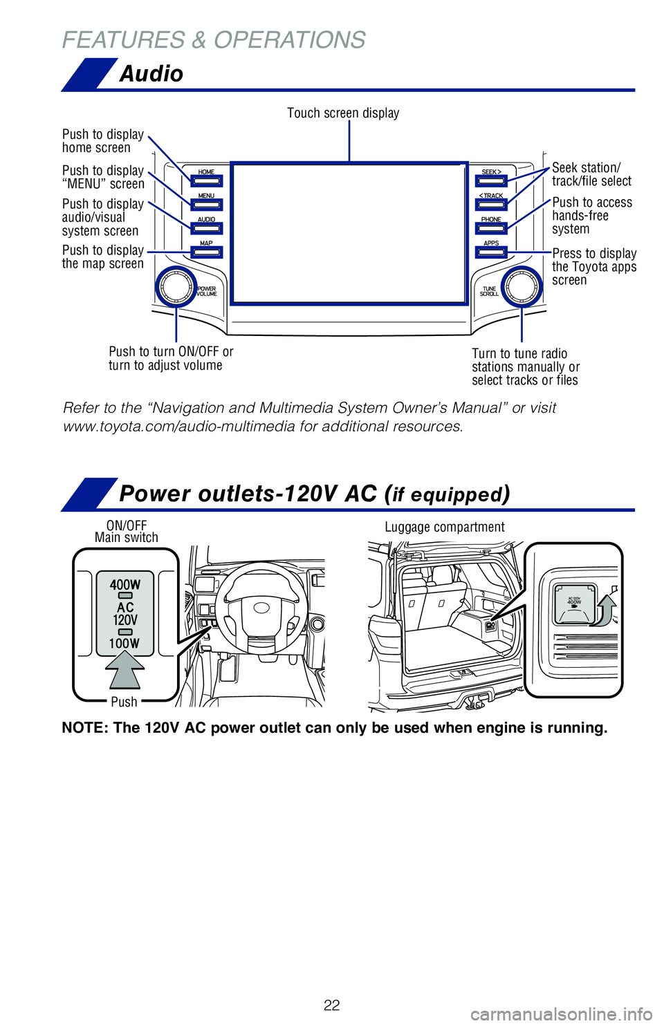 TOYOTA 4RUNNER 2020 Owners Manual (in English) 22
FEATURES & OPERATIONS
Refer to the “Navigation and Multimedia System Owner’s Manual” or visit
www.toyota.com/audio-multimedia for additional resources.
Touch screen display
Audio
Turn to tun TOYOTA 4RUNNER 2020 Owners Manual (in English) 22
FEATURES & OPERATIONS
Refer to the “Navigation and Multimedia System Owner’s Manual” or visit
www.toyota.com/audio-multimedia for additional resources.
Touch screen display
Audio
Turn to tun