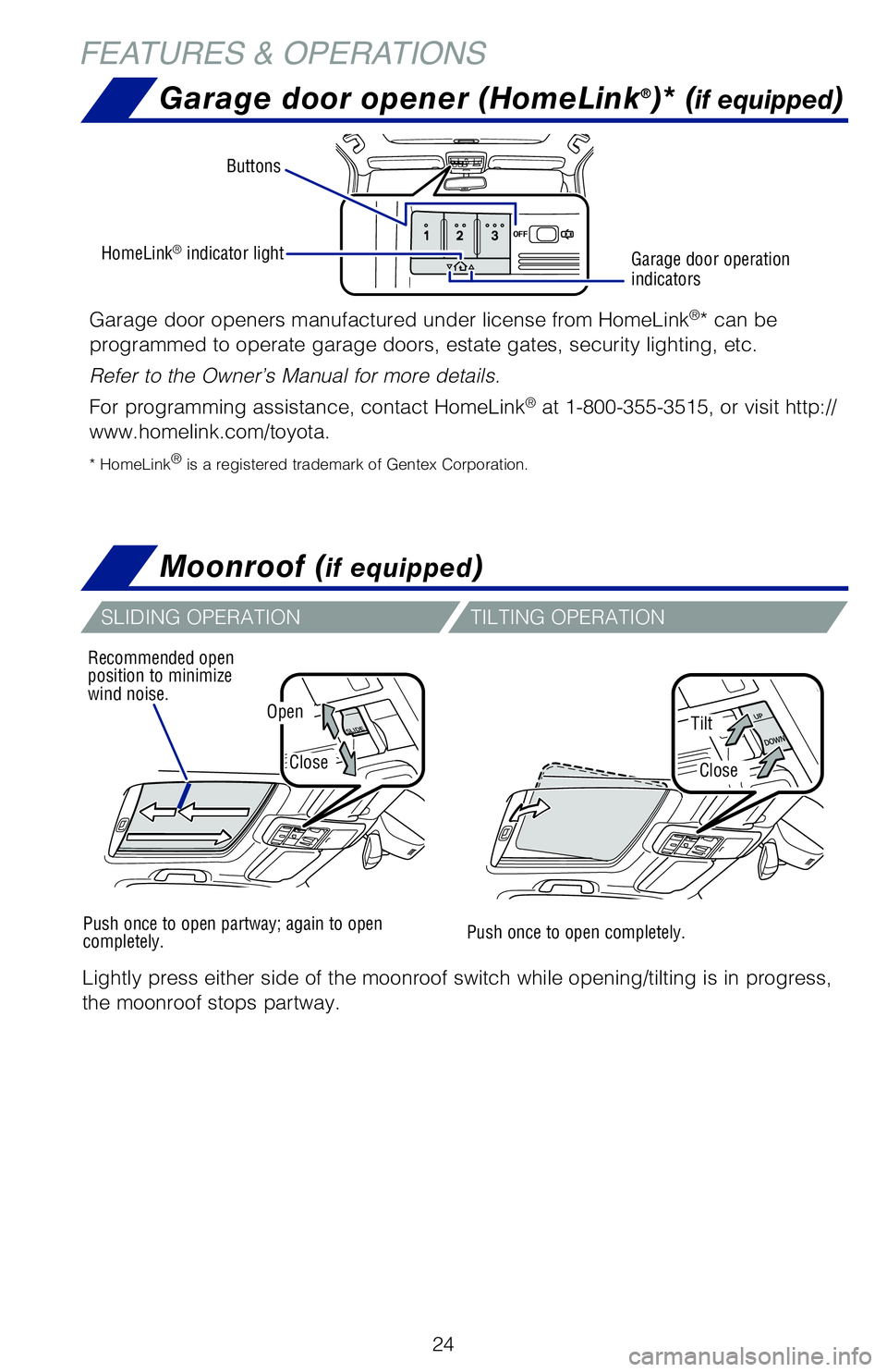 TOYOTA 4RUNNER 2020 (in English) Owners Manual 24
SLIDING OPERATIONTILTING OPERATION
Push once to open partway; again to open
completely. Push once to open completely.
Recommended open
position to minimize
wind noise.
Lightly press either side TOYOTA 4RUNNER 2020 (in English) Owners Manual 24
SLIDING OPERATIONTILTING OPERATION
Push once to open partway; again to open
completely. Push once to open completely.
Recommended open
position to minimize
wind noise.
Lightly press either side