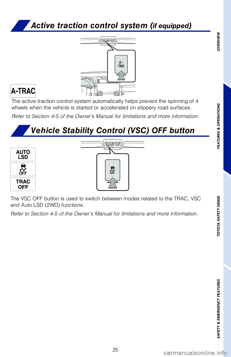 TOYOTA 4RUNNER 2020 (in English) Owners Manual 25
Active traction control system (if equipped)
The active traction control system automatically helps prevent the spinning of 4
wheels when the vehicle is started or accelerated on slippery road su TOYOTA 4RUNNER 2020 (in English) Owners Manual 25
Active traction control system (if equipped)
The active traction control system automatically helps prevent the spinning of 4
wheels when the vehicle is started or accelerated on slippery road su