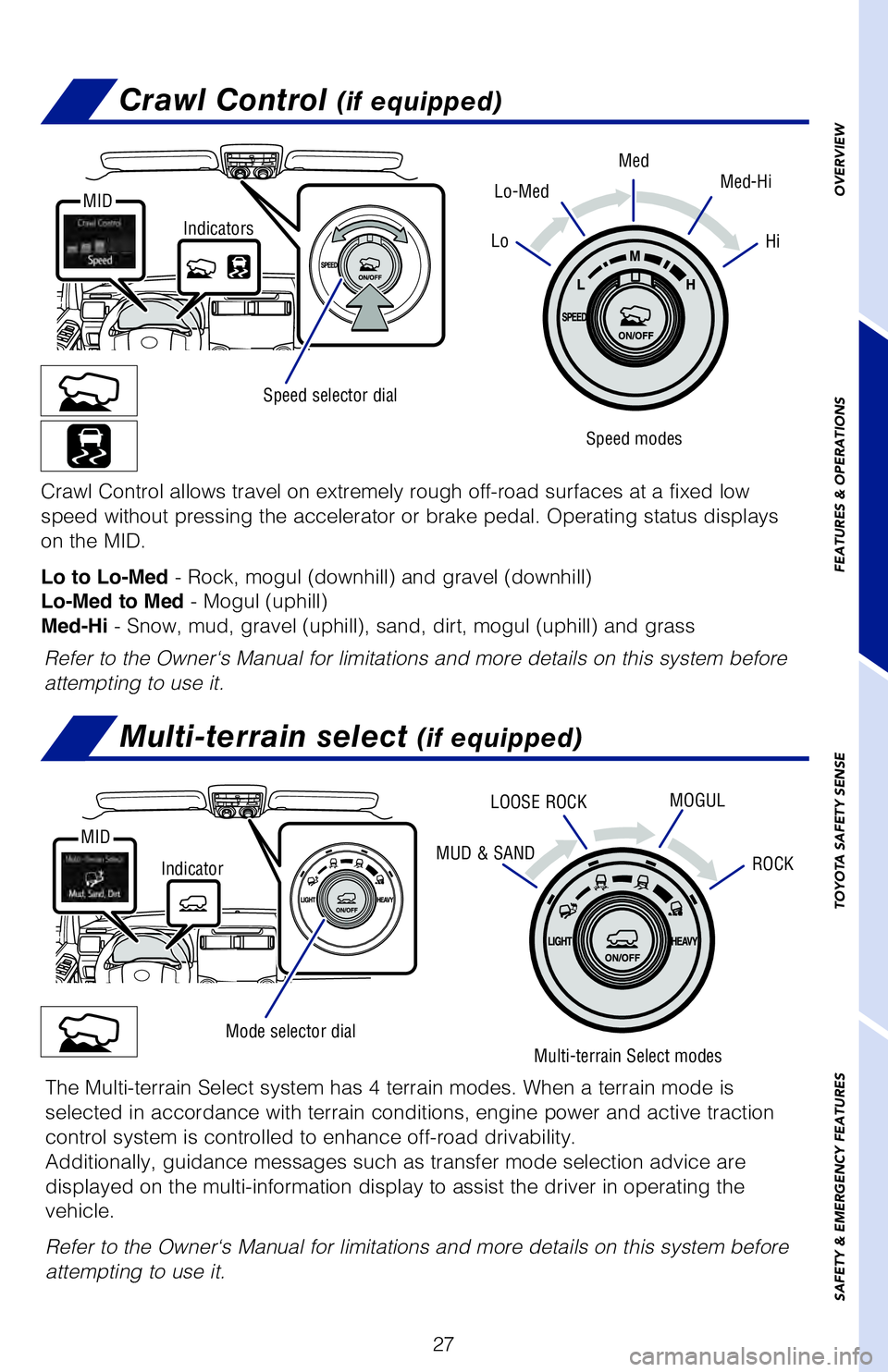 TOYOTA 4RUNNER 2020 Owners Manual (in English) 27
Multi-terrain select (if equipped)
Mode selector dial
Multi-terrain Select modes
The Multi-terrain Select system has 4 terrain modes. When a terrain mode is
selected in accordance with terrain con TOYOTA 4RUNNER 2020 Owners Manual (in English) 27
Multi-terrain select (if equipped)
Mode selector dial
Multi-terrain Select modes
The Multi-terrain Select system has 4 terrain modes. When a terrain mode is
selected in accordance with terrain con