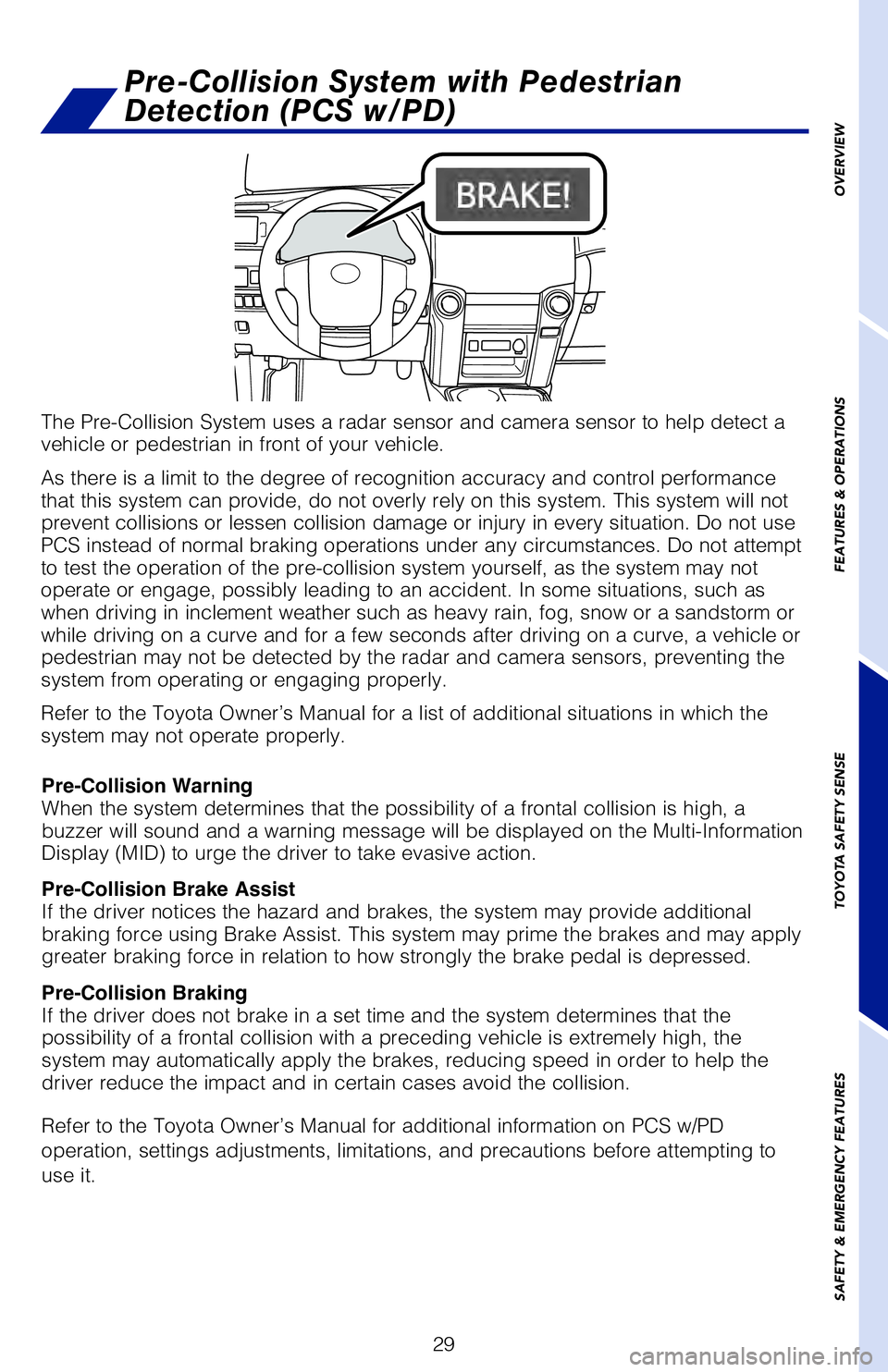 TOYOTA 4RUNNER 2020 Owners Manual (in English) 29
The Pre-Collision System uses a radar sensor and camera sensor to help detect a
vehicle or pedestrian in front of your vehicle.
As there is a limit to the degree of recognition accuracy and contro TOYOTA 4RUNNER 2020 Owners Manual (in English) 29
The Pre-Collision System uses a radar sensor and camera sensor to help detect a
vehicle or pedestrian in front of your vehicle.
As there is a limit to the degree of recognition accuracy and contro