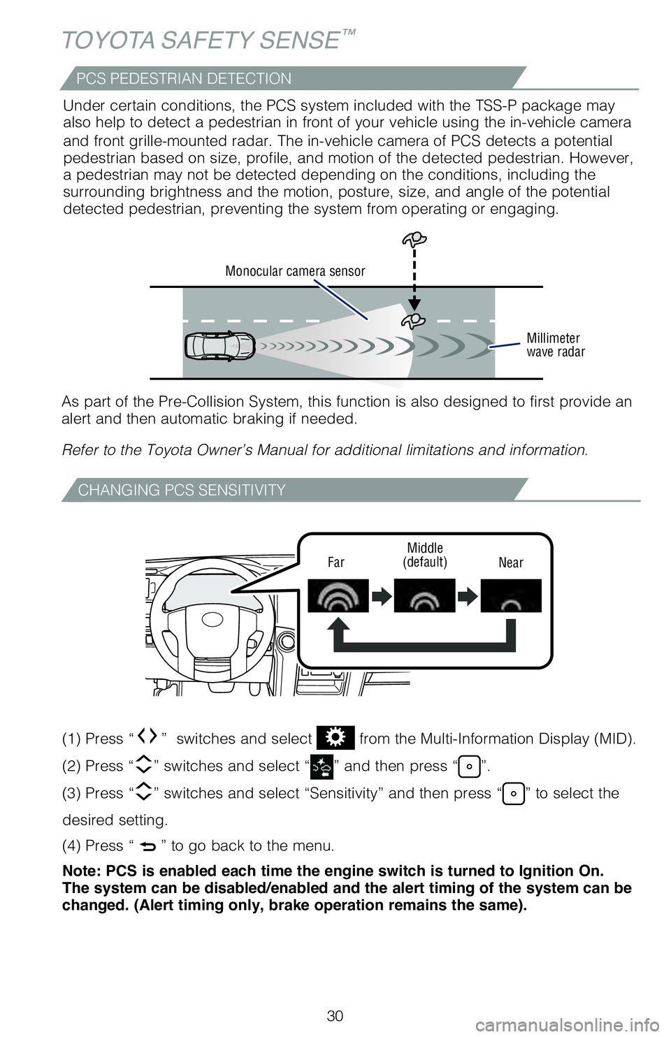 TOYOTA 4RUNNER 2020 Owners Manual (in English) 30
TOYOTA SAFETY SENSE™
CHANGING PCS SENSITIVITY
FarMiddle
(default) Near
(1) Press “” switches and select from the Multi-Information Display (MID).
(2) Press “
” switches and select “ TOYOTA 4RUNNER 2020 Owners Manual (in English) 30
TOYOTA SAFETY SENSE™
CHANGING PCS SENSITIVITY
FarMiddle
(default) Near
(1) Press “” switches and select from the Multi-Information Display (MID).
(2) Press “
” switches and select “