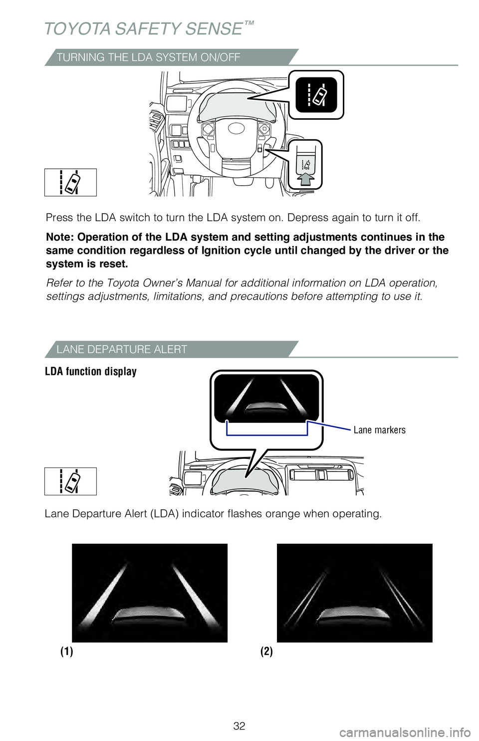 TOYOTA 4RUNNER 2020 (in English) User Guide 32
TOYOTA SAFETY SENSE™
TURNING THE LDA SYSTEM ON/OFF
Press the LDA switch to turn the LDA system on. Depress again to turn it off.
Note: Operation of the LDA system and setting adjustments continue TOYOTA 4RUNNER 2020 (in English) User Guide 32
TOYOTA SAFETY SENSE™
TURNING THE LDA SYSTEM ON/OFF
Press the LDA switch to turn the LDA system on. Depress again to turn it off.
Note: Operation of the LDA system and setting adjustments continue