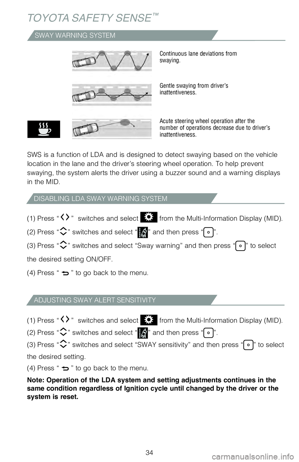 TOYOTA 4RUNNER 2020 (in English) User Guide 34
TOYOTA SAFETY SENSE™
SWAY WARNING SYSTEM
SWS is a function of LDA and is designed to detect swaying based on the vehicle
location in the lane and the driver’s steering wheel operation. To help TOYOTA 4RUNNER 2020 (in English) User Guide 34
TOYOTA SAFETY SENSE™
SWAY WARNING SYSTEM
SWS is a function of LDA and is designed to detect swaying based on the vehicle
location in the lane and the driver’s steering wheel operation. To help