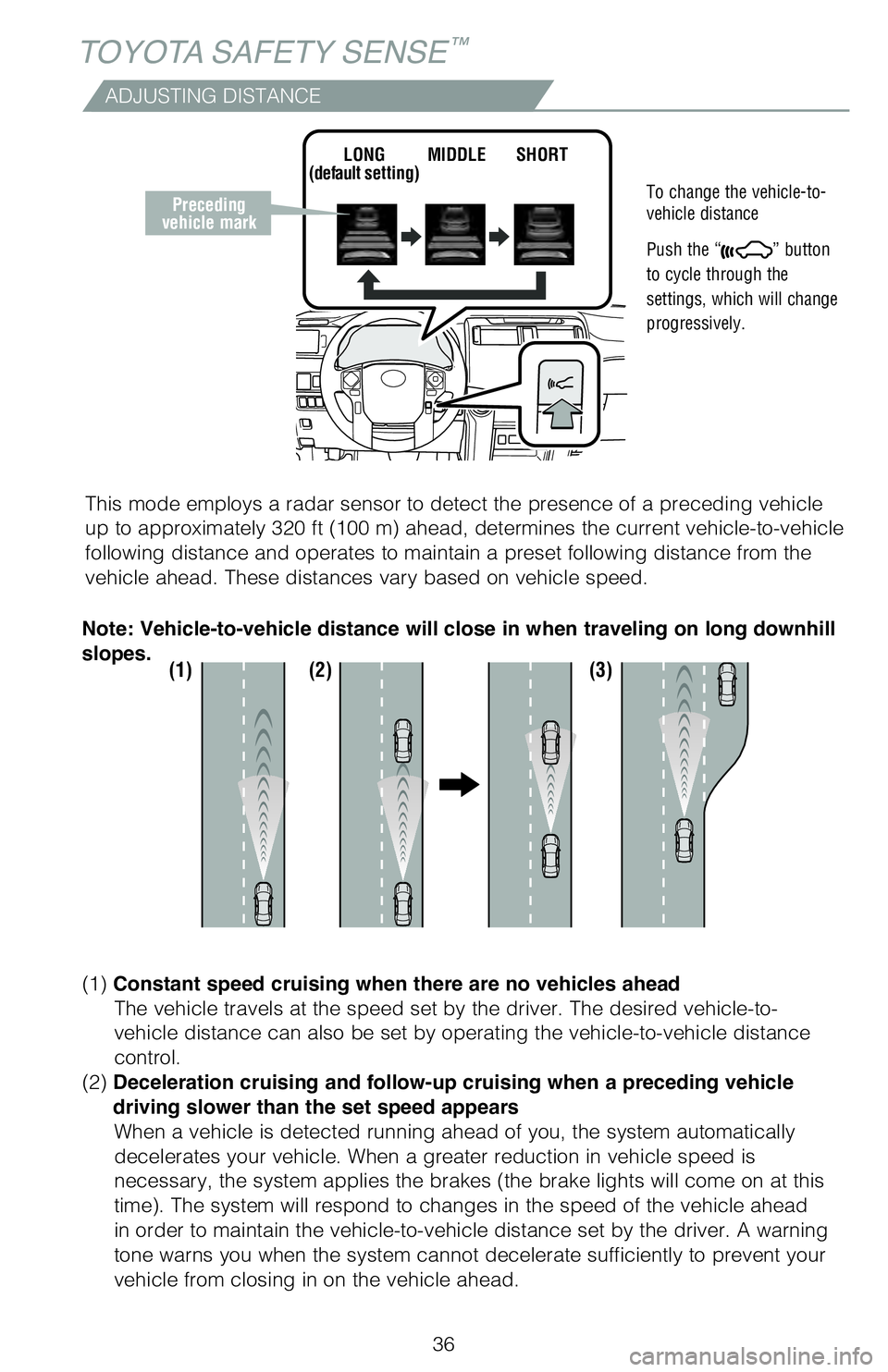 TOYOTA 4RUNNER 2020   (in English) Owners Guide 36
TOYOTA SAFETY SENSE™
ADJUSTING DISTANCE
To change the vehicle-to-
vehicle distance
 
Push the “
” button 
to cycle through the 
settings, which will change 
progressively. 
This mode employs 