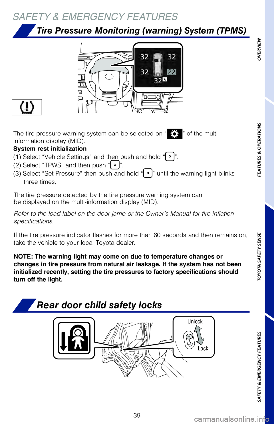 TOYOTA 4RUNNER 2020 (in English) User Guide 39
SAFETY & EMERGENCY FEATURES
Tire Pressure Monitoring (warning) System (TPMS)
Rear door child safety locks
UnlockLock
The tire pressure detected by the tire pressure warning system can
be displayed TOYOTA 4RUNNER 2020 (in English) User Guide 39
SAFETY & EMERGENCY FEATURES
Tire Pressure Monitoring (warning) System (TPMS)
Rear door child safety locks
UnlockLock
The tire pressure detected by the tire pressure warning system can
be displayed
